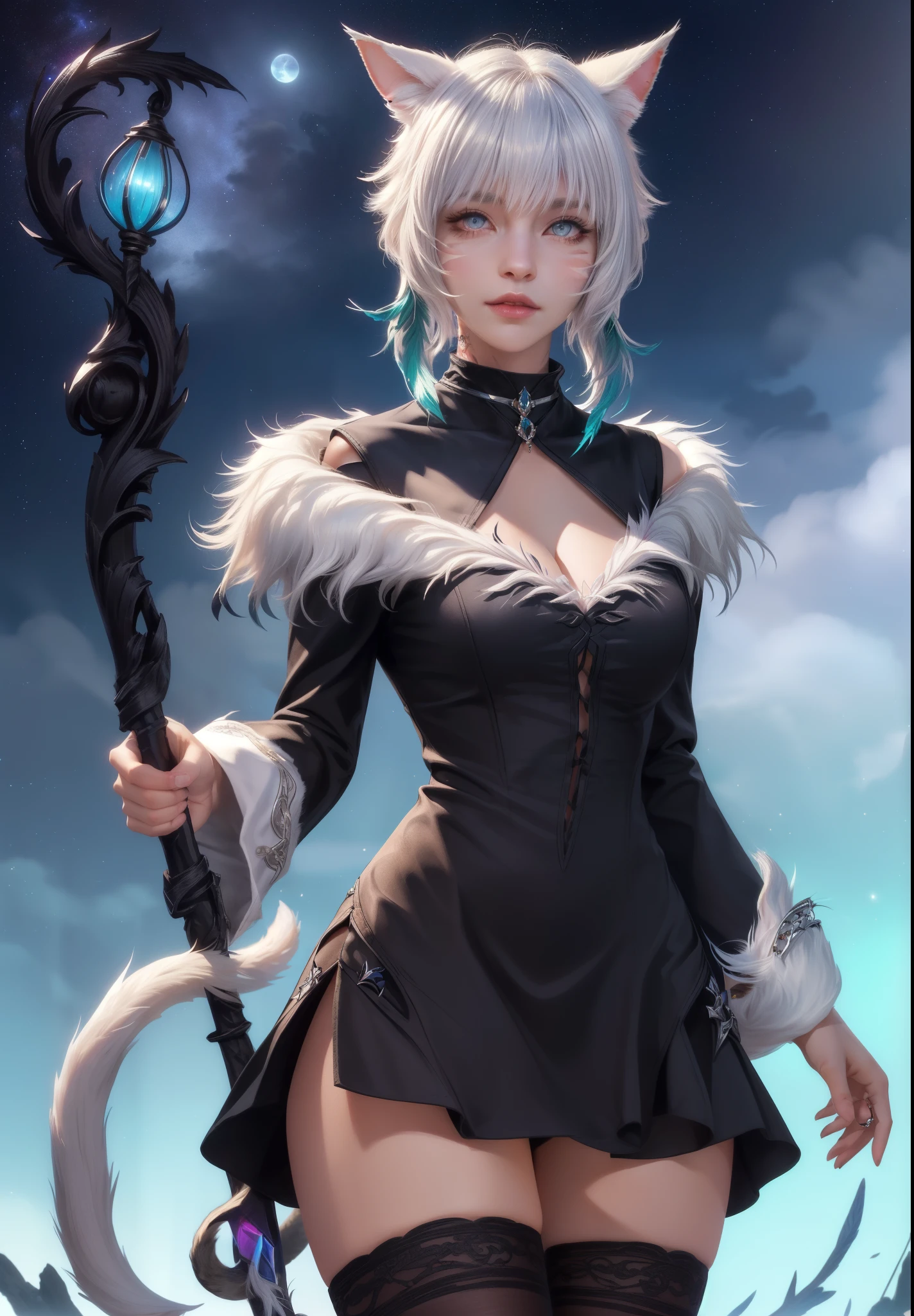 (masterpiece, high quality:1.1), y'shtola, miqo'te, cinematic lighting, extremely detailed, Matoya, hair ornament, feather hair ornament, choker, black choker, brooch, dress, long dress, black dress, fur-trimmed dress, fur trim, backless outfit, cleavage, long sleeves, wide sleeves, gloves, black gloves, fingerless gloves, partially fingerless gloves, ring, claw ring, y'shtola, y'shtola rhul, miqo'te, cat girl, grey hair, short hair, bangs, animal ears, cat ears, grey eyes, slit pupils, lips, facial mark, whisker markings, tattoo, neck tattoo, tail, cat tail,