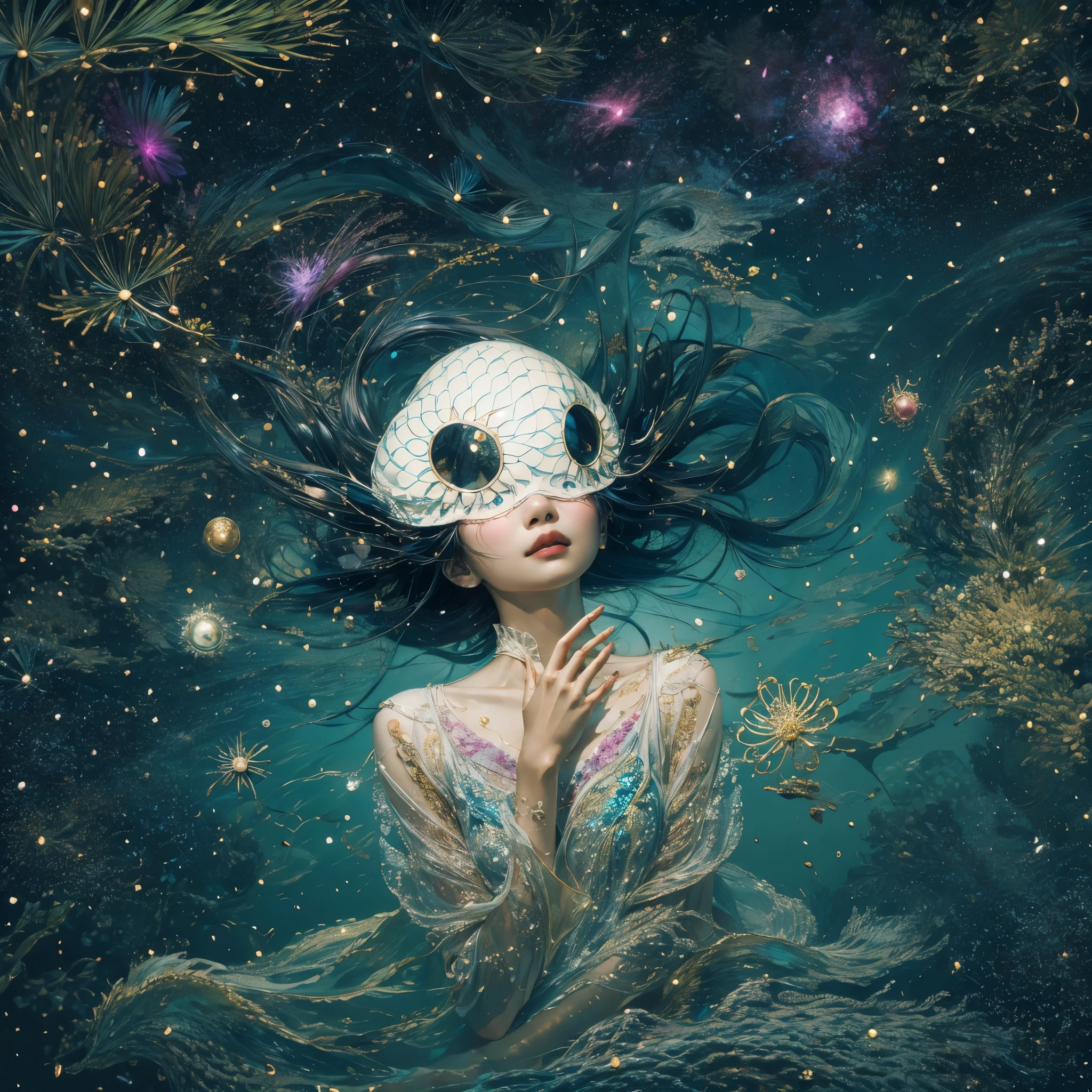 young asian woman floating in cosmos