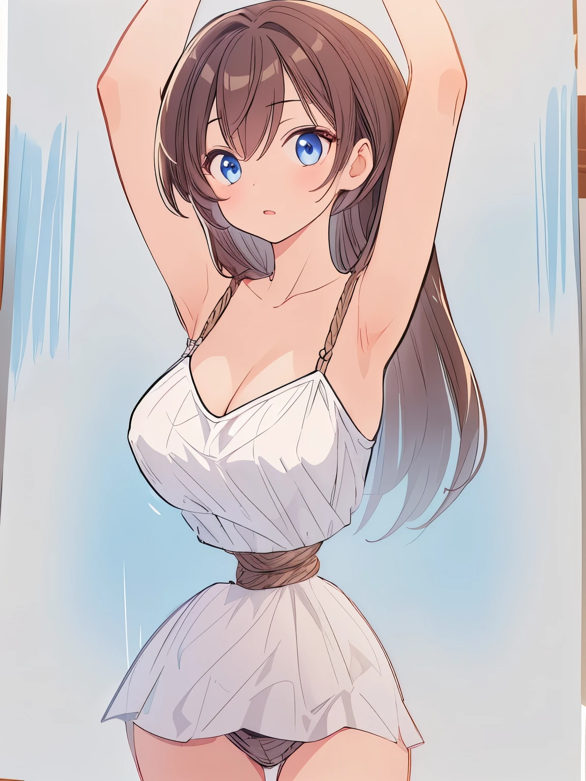 ((masterpiece)), ((best quality)), (ultra-detailed), torture room,(((rope strongly bound waist))),a cute girl, 1girl, solo,camisole,beautiful brown hair, (beautiful blue eyes), long hair, expression of agony