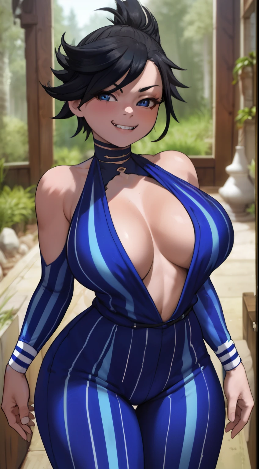 masterpiece, highest quality, best quality, official art, beautiful and aesthetic: 1.2), (1girl), extremely detailed, (fractal art: 1.3), colorful, highest detailed, perfect face, upper body, HDR, (prayer: 1.3), (dynamic stripes, luminous traces: 1.2), bright colors, dororo, standing, breast focus, breasts, large breasts, bare breasts, naked, nude, boob window, sexy, wide hips, thicc figure, Detailed blue eyes, Detailed face, Detailed eyes, perfect face, perfect eyes, wearing blue jumpsuit, jumpsuit, blue jumpsuit, breast window, naked breasts, smug, smug grin, smug expression, fangs