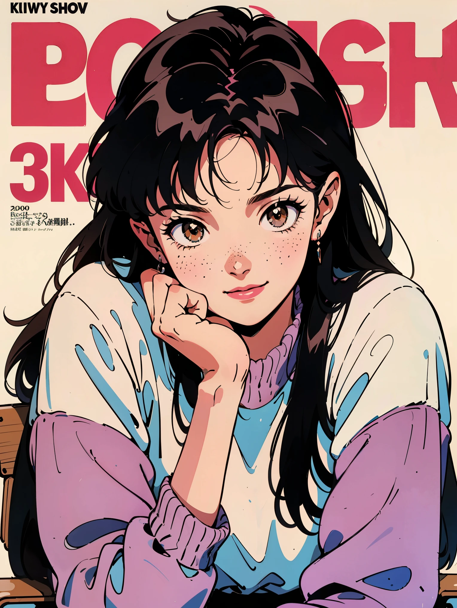 the highest quality, 8k, 1980s style, 21 year old girl, black hair, long hair, light brown eyes, skin white as snow, freckles on cheeks,  wearing 1980s clothes , White background, magazine cover style, whole body, sitting on a school chair, smiling, 