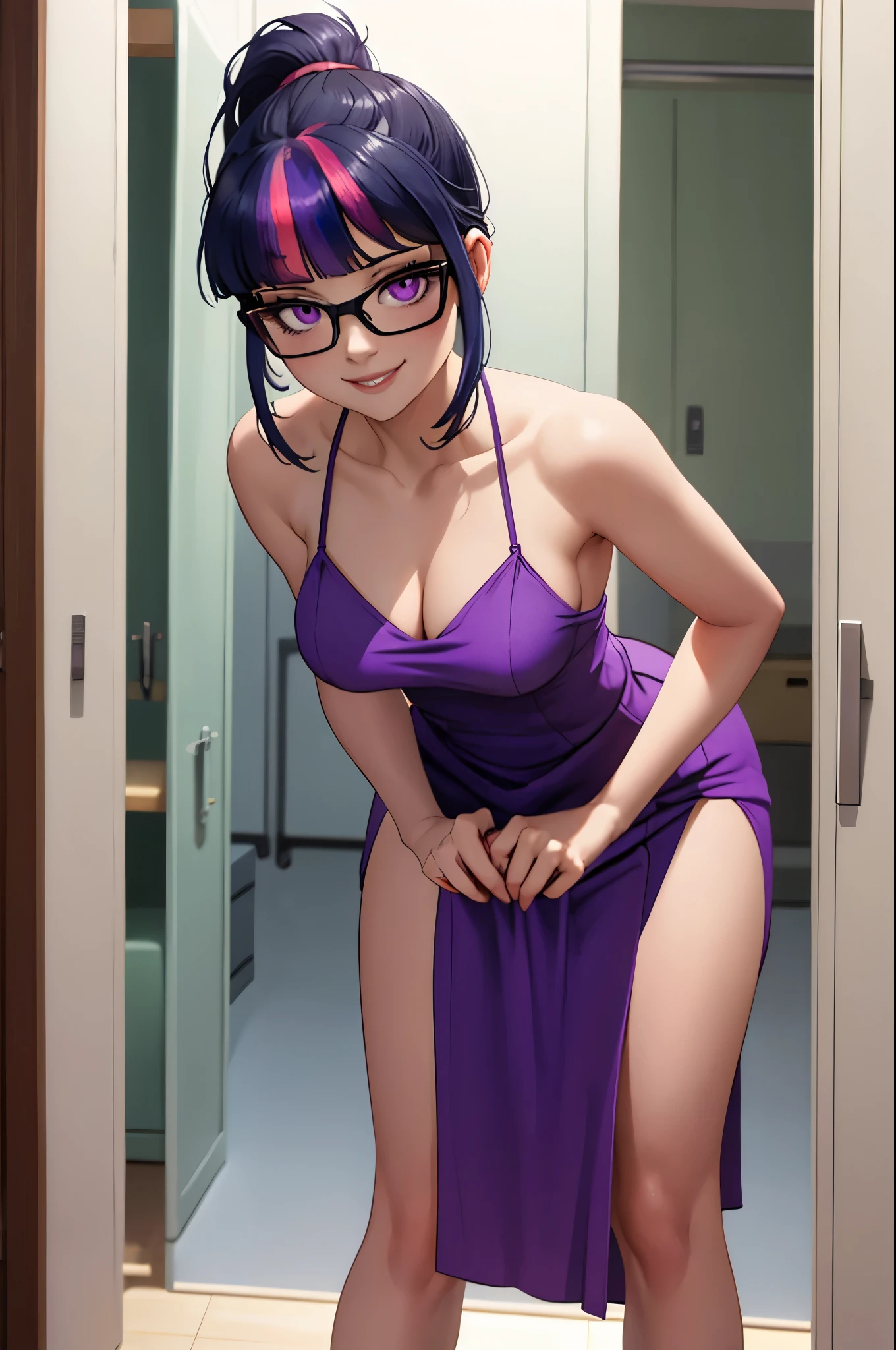 masterpiece, best quality, 1girl, solo, TwilightHuman, ponytail, purple eyes, glasses, pale skin, medium breasts, naked body, nude, purple skirt, sexy purple dress, undressing her dress, standing frontally to the viewer, pov, looking at viewer, leaning forward, fear, afraid, seductive smile, indoors, locker room, detailed hands, five fingers