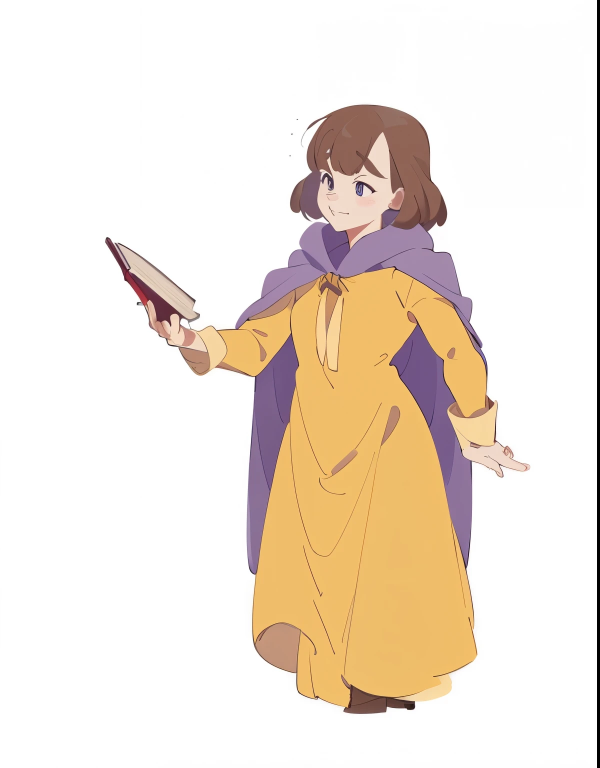 Young woman, dwarf, short, short brown hair, yellow dress, Purple Cloak, A book in hand