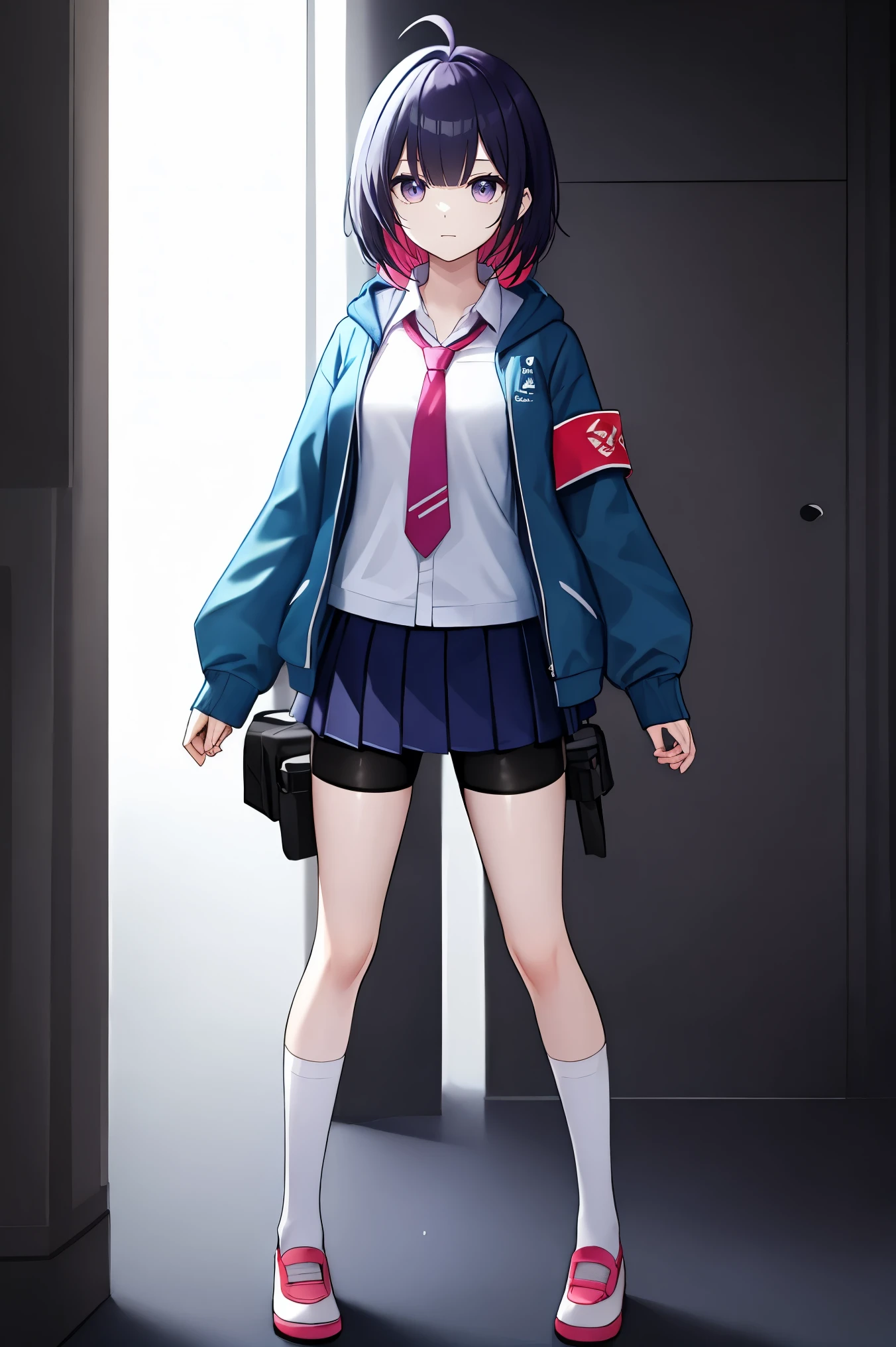 1girl, perfect face, hdr, ahoge, medium_hair, purple_hair, colored inner pink_hair, purple_eyes, medium_breast, open_collar, white shirt, long shirt, collarbone, school_uniform, pink necktie, long tie, blue hooded_jacket, blue hooded sweater_jacket, oversized_jacket, hood, hood_down, long sleeves, open_jacket, open_clothes, brown_armband, short_skirt, skirt, blue_skirt, pleated_skirt, white stripe, bike_shorts, bike_shorts_under_skirt, thigh_holster, thigh_legs, bike_shorts_under_shorts, standing, full_body, white_socks, pink_shoes, thigh_legs,