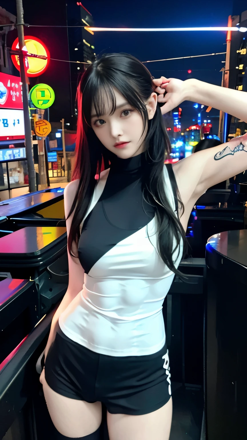 (highest quality)，masterpiece，Super detailed，8K, UHD，Beautiful woman，japanese woman，No expression，whole body，((tattoo))，slim，black slacks，white tank top，(female mafia)，gangster，(cyberpunk city)，night，cinematic lightening，underworld