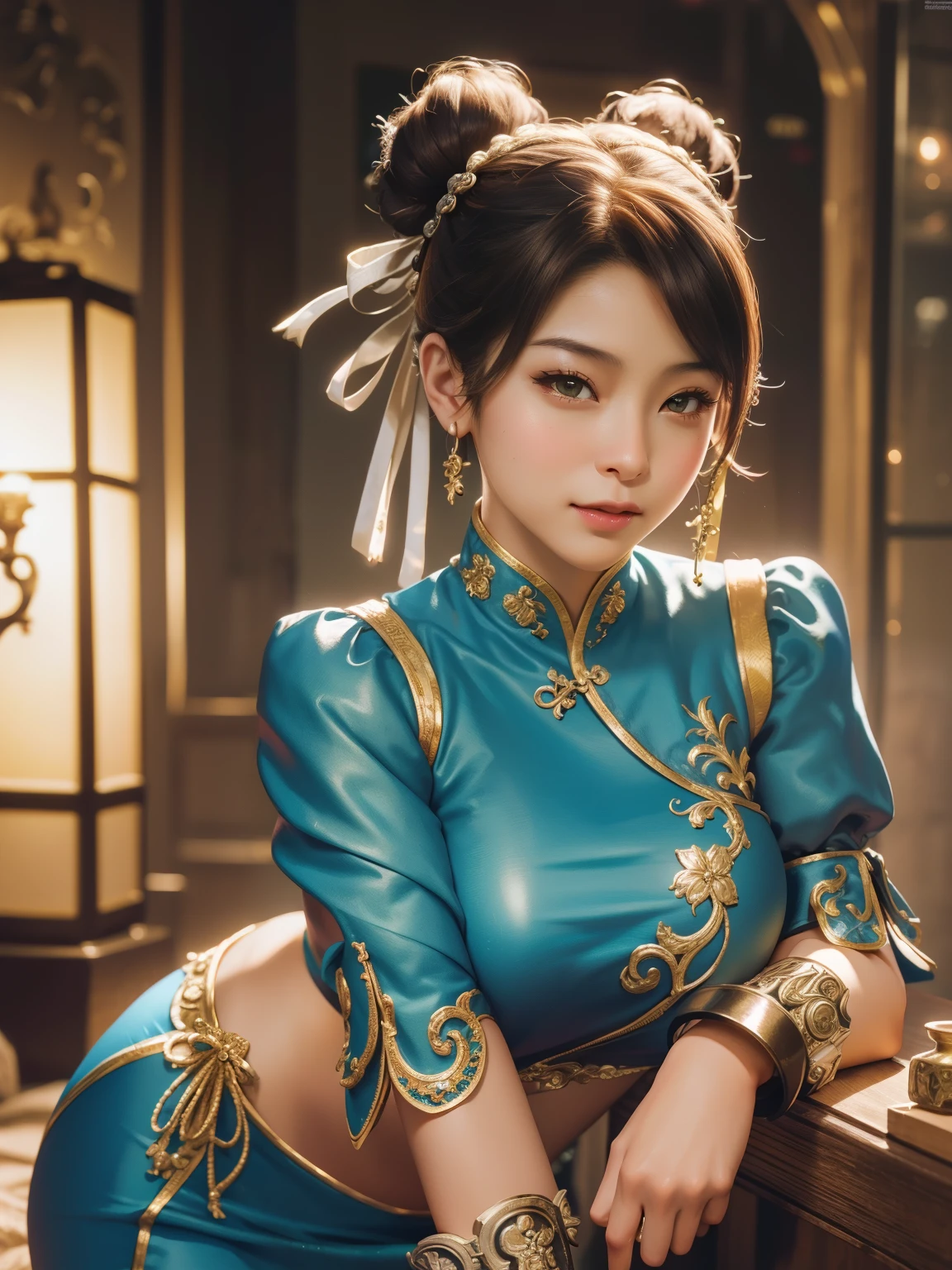 (masterpiece), (highest quality), 8K resolution, Super detailed, very detailed, realistic, photograph, photorealism, (1 girl), Chunli, Chunli costume, perfect body, smile, photographのポーズをとる