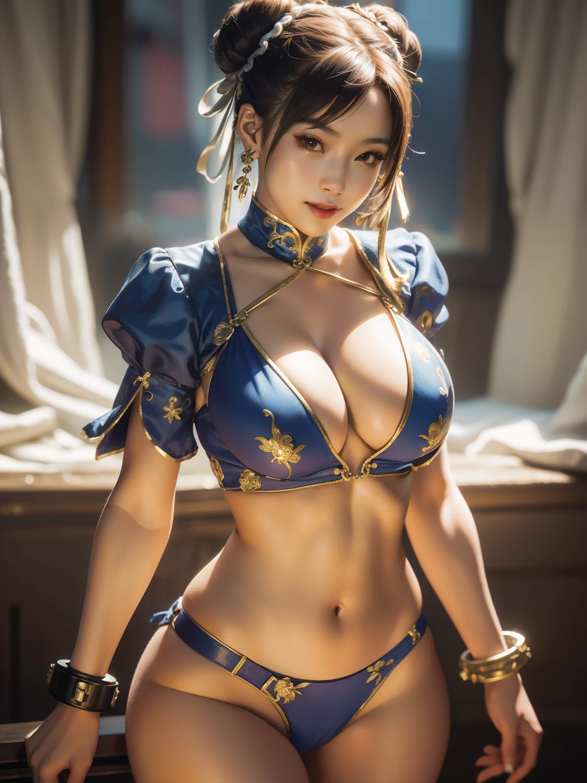 (masterpiece), (highest quality), 8K resolution, Super detailed, very detailed, realistic, photograph, photorealism, (1 girl), Chunli, Chunli costume, perfect body, smile, photographのポーズをとる