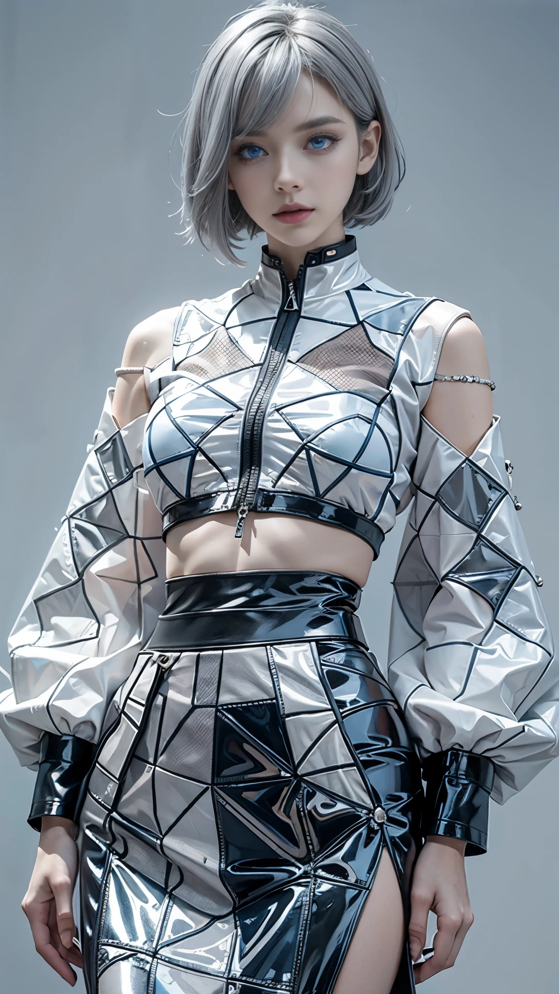ultra detailed, beautiful, masterpiece, best quality, BREAK Beautiful and cute perfect model, Tightened all body, medium Breasts, BREAK (short hair, BREAK geometric art gray background, BREAK (all body shot, standing and Abstract pose:1.3), BREAK (Cyber punk dress), bell Sleeves, (white theme:1.3), mandarin collar, (intricate patchwork of latex and leather:1.2), (triangular silhouette maxi skirt:1.2), (gray hair, blue eyes:1.4),