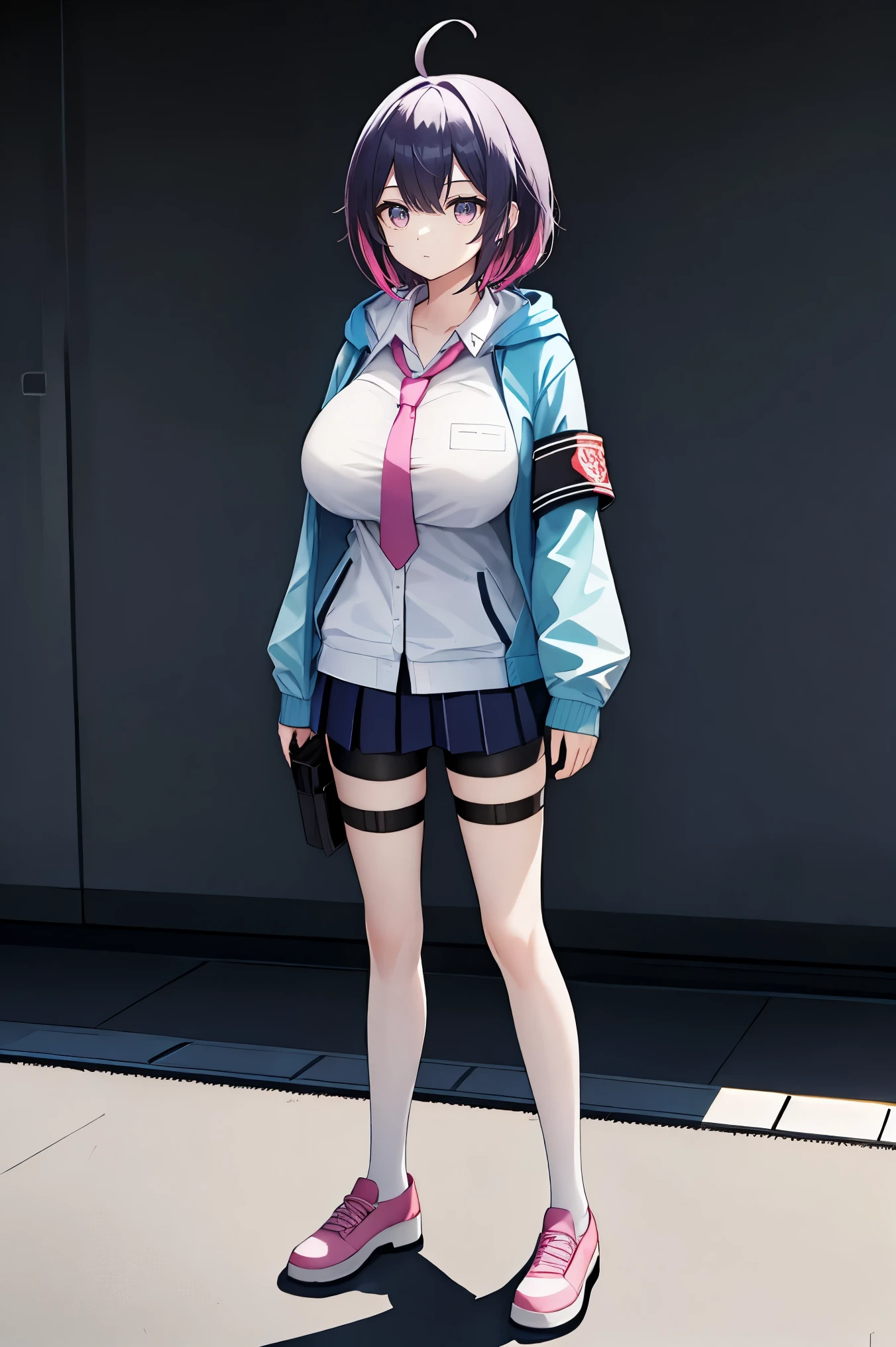 1girl, perfect face, hdr, ahoge, medium_hair, purple_hair, colored inner pink_hair, purple_eyes, big_breast, open_collar, white shirt, long shirt, collarbone, school_uniform, pink necktie, long tie, blue hooded_jacket, blue hooded sweater_jacket, oversized_jacket, hood, hood_down, long sleeves, open_jacket, open_clothes, brown_armband, short_skirt, skirt, blue_skirt, pleated_skirt, white stripe, bike_shorts, bike_shorts_under_skirt, thigh_holster, thigh_legs, bike_shorts_under_shorts, standing, full_body, white_socks, pink_shoes, thigh_legs,