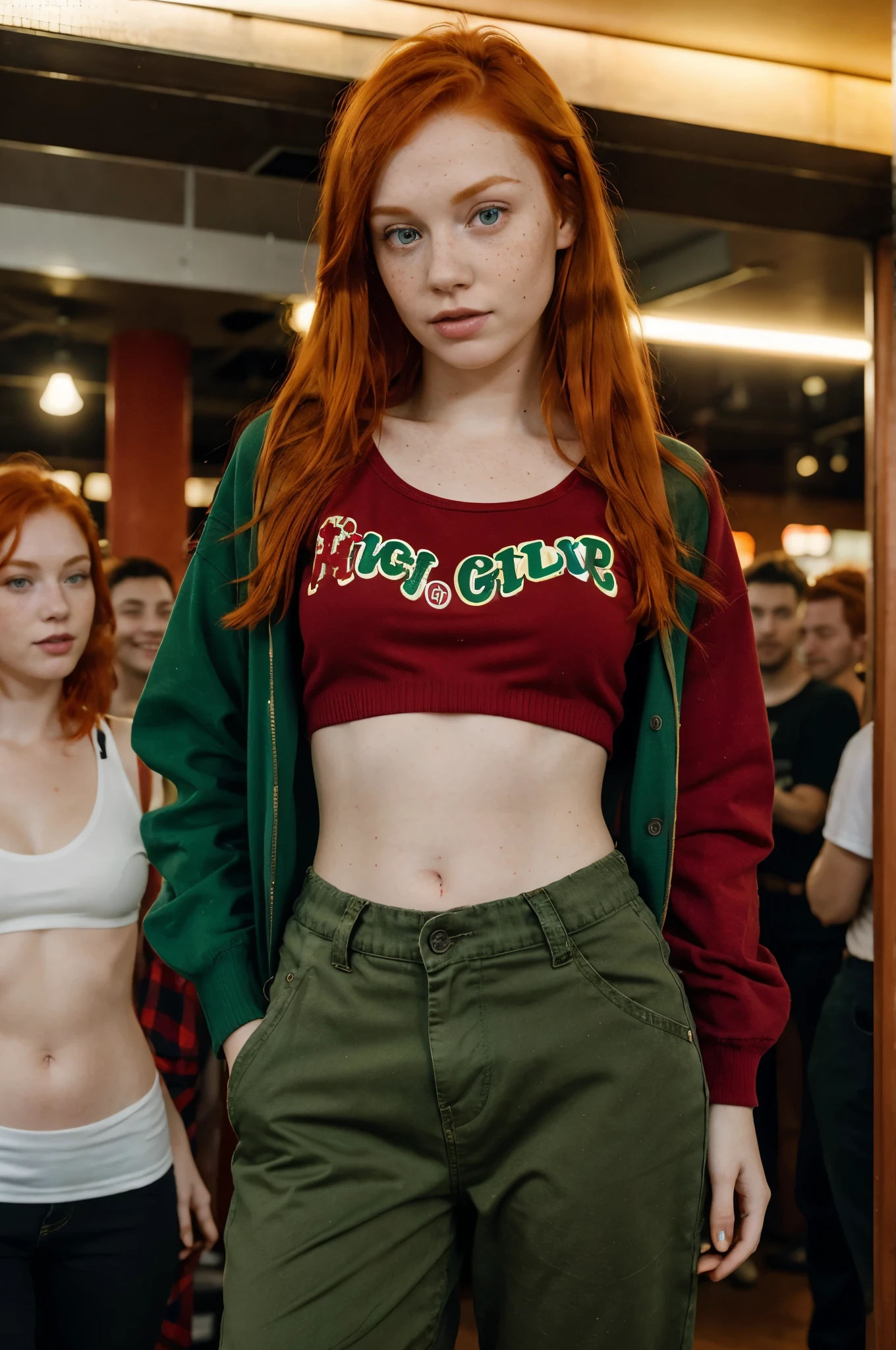 there is a skinny woman with red hair and green eyes, baggy clothes, dancing, club, disco light ,redhead girl, red hair and freckles, a redheaded young woman, redhead woman, beautiful redhead woman, ginger hair, high quality, gorgeous, beautiful model, red haired young woman, thin tighs, sexy look, 8k RAW photo, hyper realistic