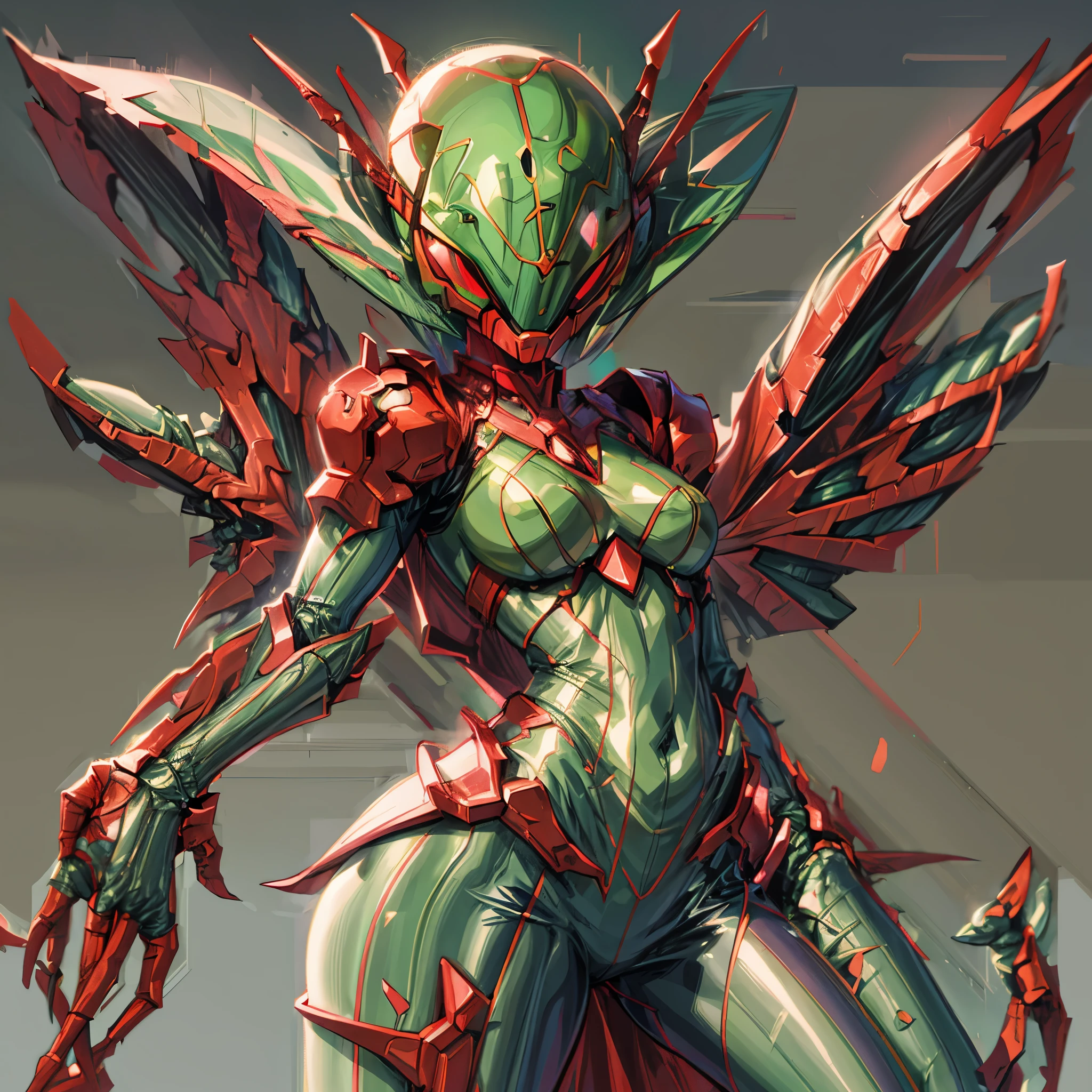 Cartoon photo of woman in green and red costume, hot insect humanoid woman, Guyver style, SFW version, red eye, scarab reploid, bellows tail, cel shade adult animation, alien queen, serpentine pose,