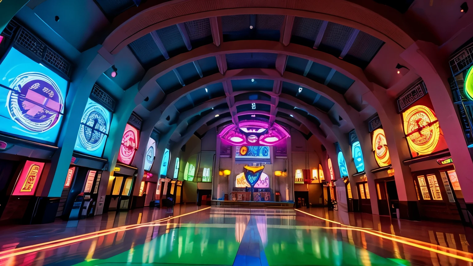 a huge hall where a quest for children based on cartoons takes place, multi-colored neon, good quality