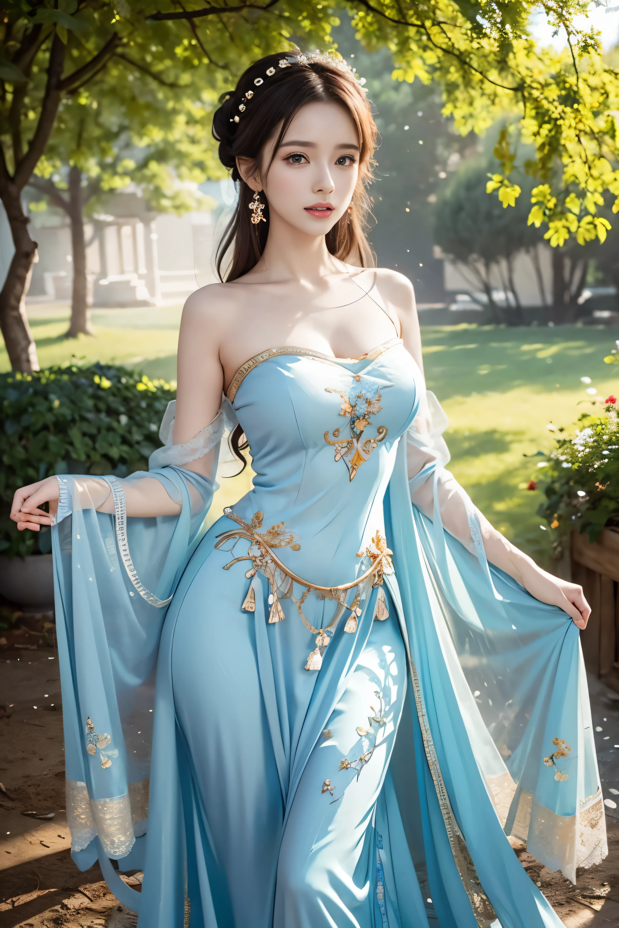 (8K, Best Quality, Masterpiece: 1, 2), (Realistic, Photo Realistic: 1, 37), Top Quality, Masterpiece, There is a woman in a blue bandeau dress posing for a photo, blossoming woods, vintage light tones, embroidery of petals, gold wire details embellishment, exquisite craftsmanship of earrings, noble and elegant bun, fresh and natural long hair, popular on cgstation, celestial goddess, April rendering, light blue, dreamy medium portrait top light, light blue skin, amouranth, fantasy dress (full body close)