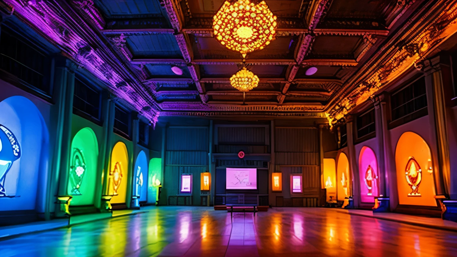 a huge hall where a quest for children based on cartoons takes place, many children , multi-colored neon, good quality