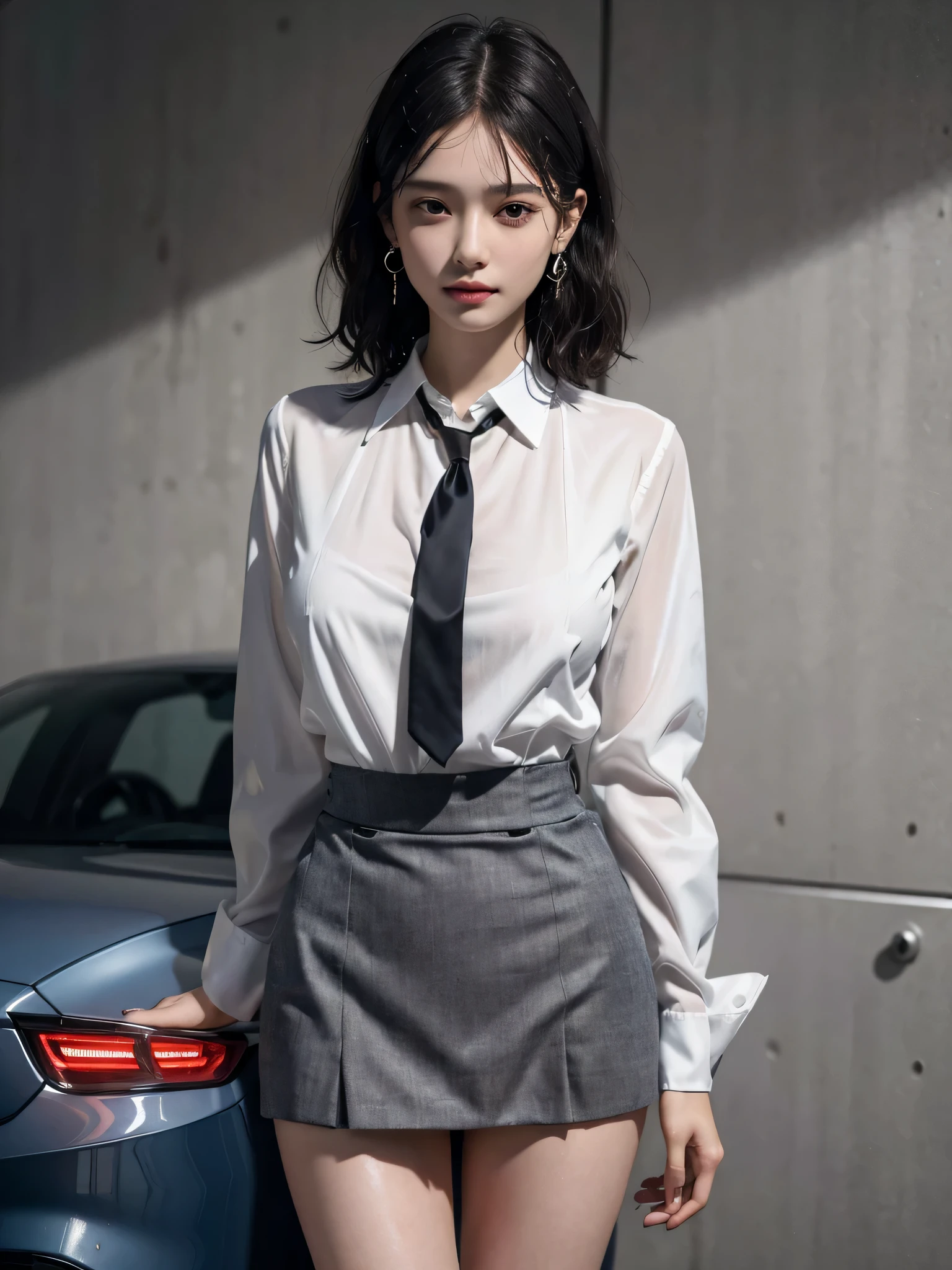 disorganized, RAW photo, very delicate and beautiful, masterpiece, highest quality, ultra high resolution, 32K, surreal, super detailed, perfect anatomy, perfect figure, super dense skin, Highly detailed CG 8k wallpaper, 20's, very slim body, tight waist, very small head, very small face, delicate facial features, tearful mole, earrings, thin legs, (very huge round breasts:1.2), (full body shot:1.2), (1 girl:1), short hair, (wavy hair:1.1), suit jacket, skirt, (collared shirt:1.1), (wet clothes:1.1),