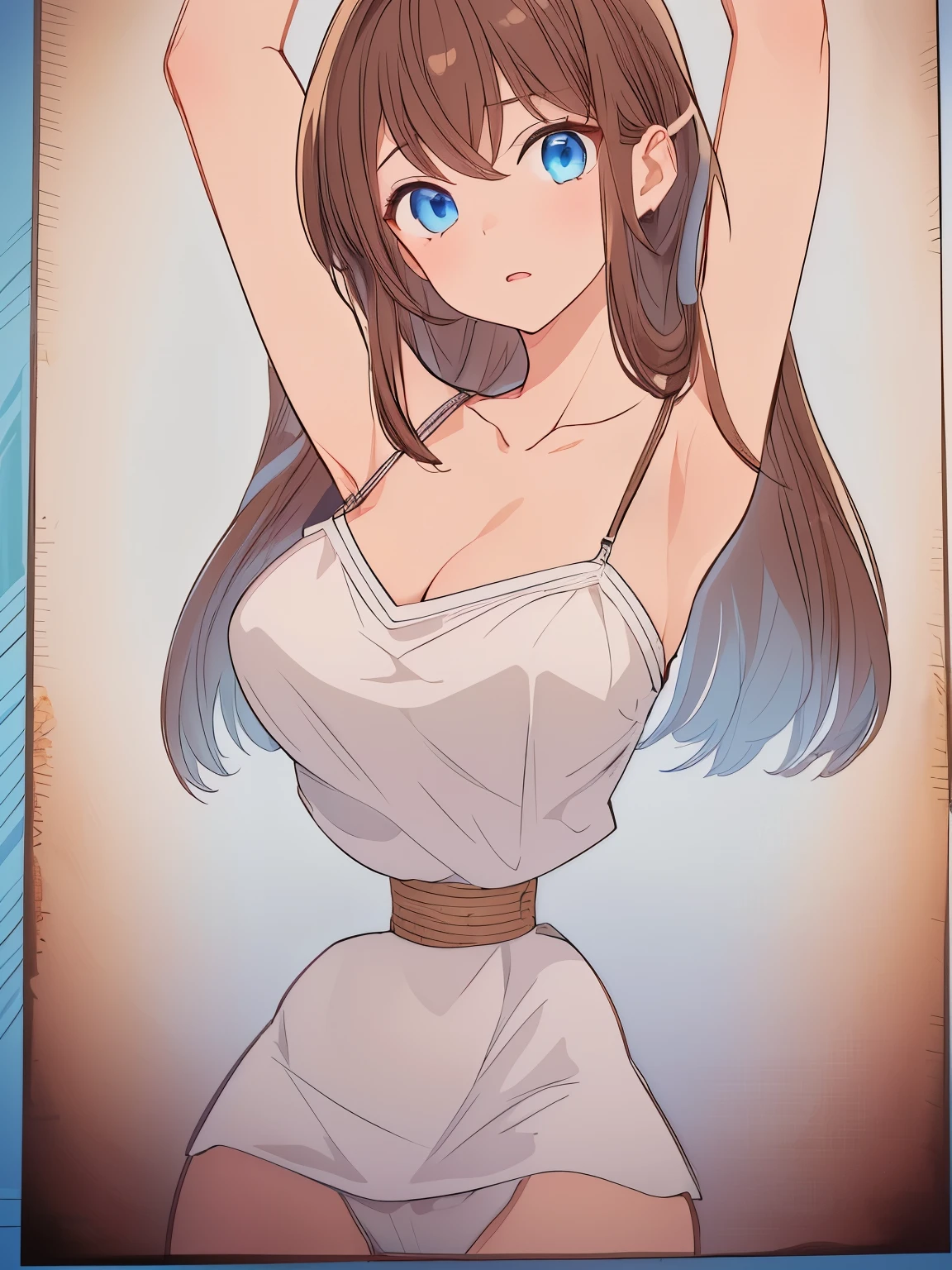 ((masterpiece)), ((best quality)), (ultra-detailed), torture room,(((rope strongly bound waist))),a cute girl, 1girl, solo,camisole,beautiful brown hair, (beautiful blue eyes), long hair, expression of agony