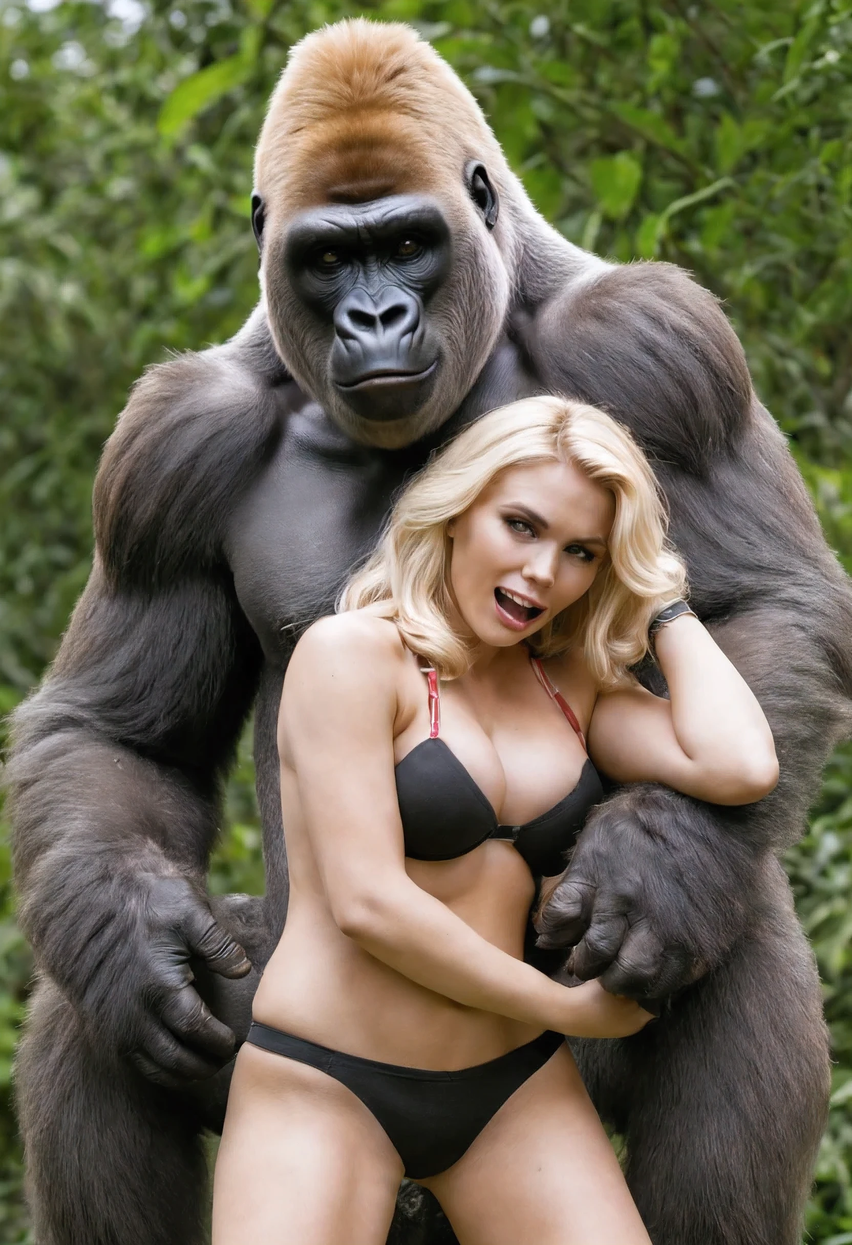 a gorilla with a hot blonde