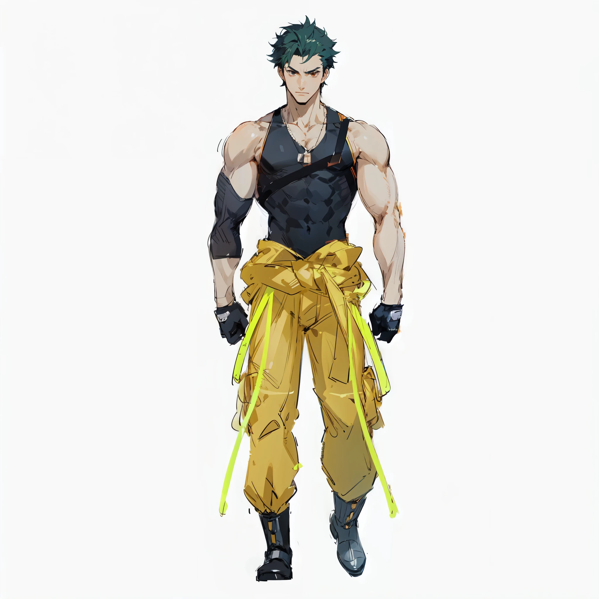 anime very muscular man with a black sleeveless t-shirt, orange mechanic pants with industrial high visibility stripes, blue collar worker, dark green hair, black shirt, brown eyes, soldier necklace, anime cyberpunk character, black gloves, boots, male anime character, anime character sheet, character concept, full body concept, walking, single character full body, male protagonist 👀 :8, anime style character, anime character, fighting game character, fighting game character, guilty gear style,