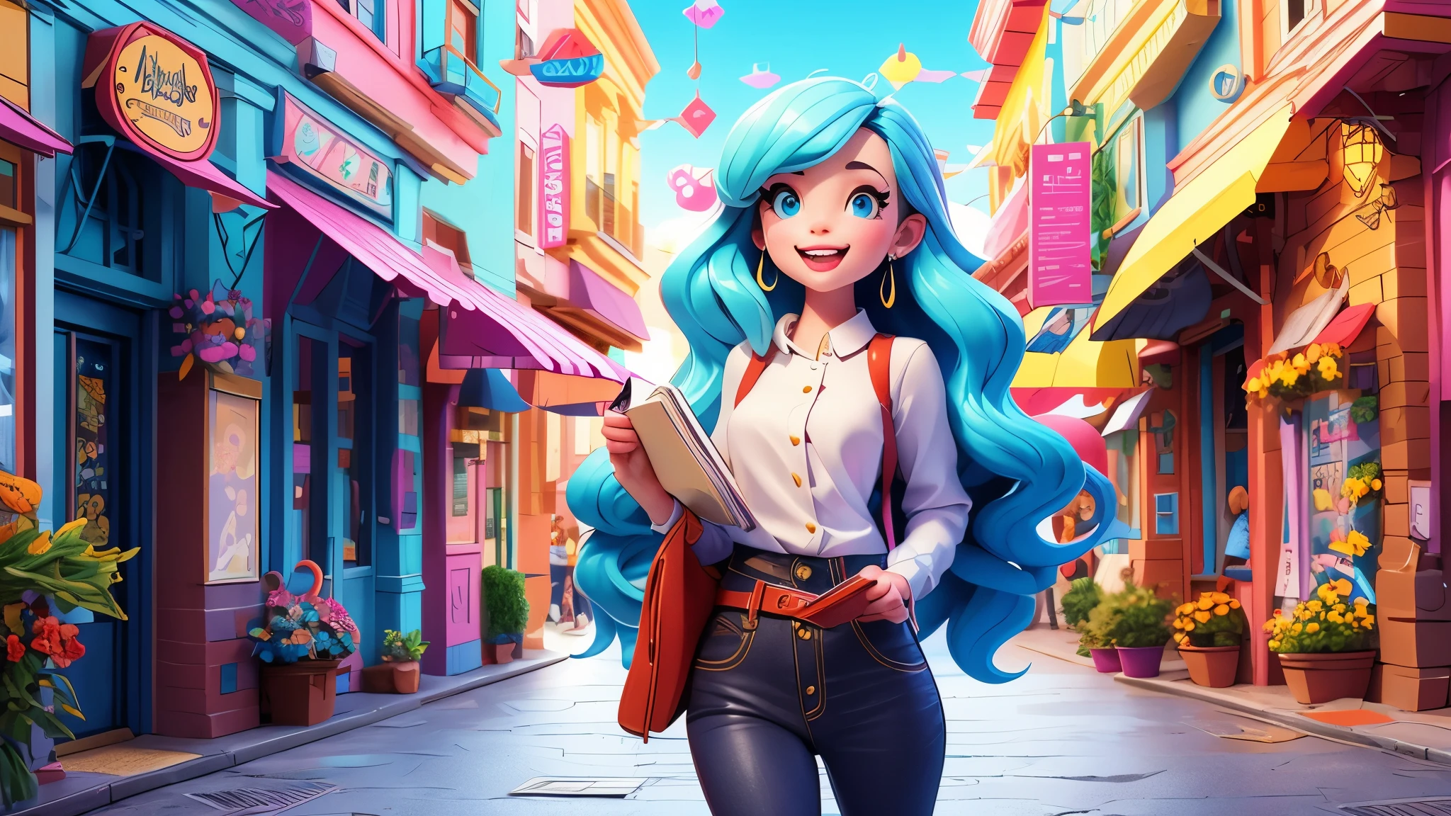 (masterpiece, best quality), female fifty-something, broad, east asian, honey eyes, defined cheeks, diamond face shape, romantic date night makeup , aqua blunt bangs hair, fear wearing wide-leg jumpsuit, push-up bra, stilettos, wide-brimmed hat,, playing with scarf, playing with a scarf with a flirtatious smile, adding a touch of mystery and allure, neon lighting, vibrant, colorful lights adding a modern and edgy touch to romantic scenes, a lively bookstore, with cozy reading nooks and book lovers browsing the shelves