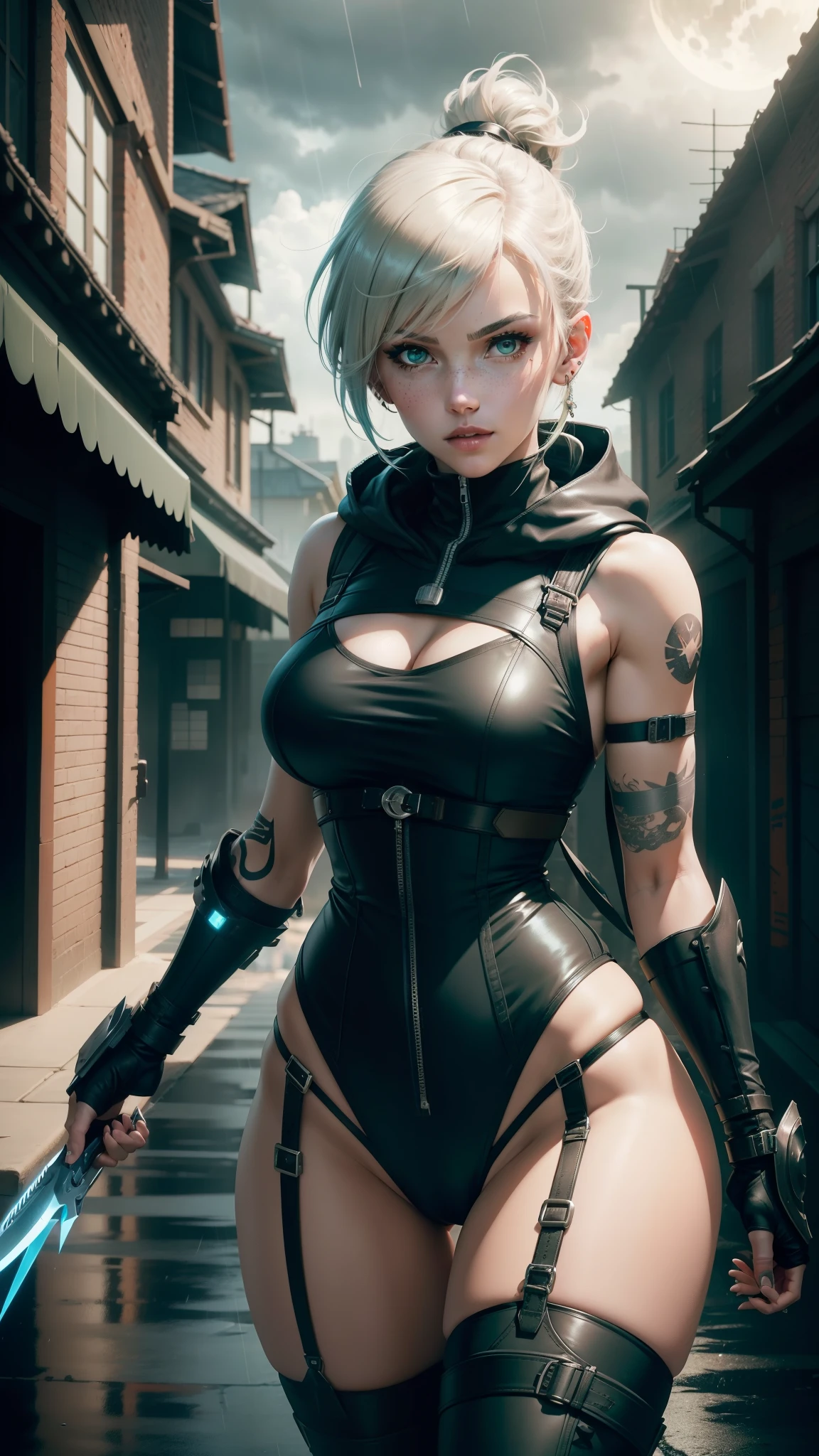 gwen tennyson,tracer,yorha 2b,rebecca chambers,overwatch,atelier ryza,close up,battlefield,tattoos, orange plugsuit,short sleeve ninja top,short sleeve ninja leotard, garter belt, harness corset, short ponytail hair, punk makeup, green eyes, multicolored silver hair, sexy smile, freckles, beautiful girl, large breasts,8k,ultra detailed,realistic,fantasy art, ninja armor, cyborg armor, harness armor, long ninja hooded cloak, hair pin,ear piercings, moonlight, ninja hand and neck jewelry, combat stance,(weather: rainy),close up, ninja knifes,