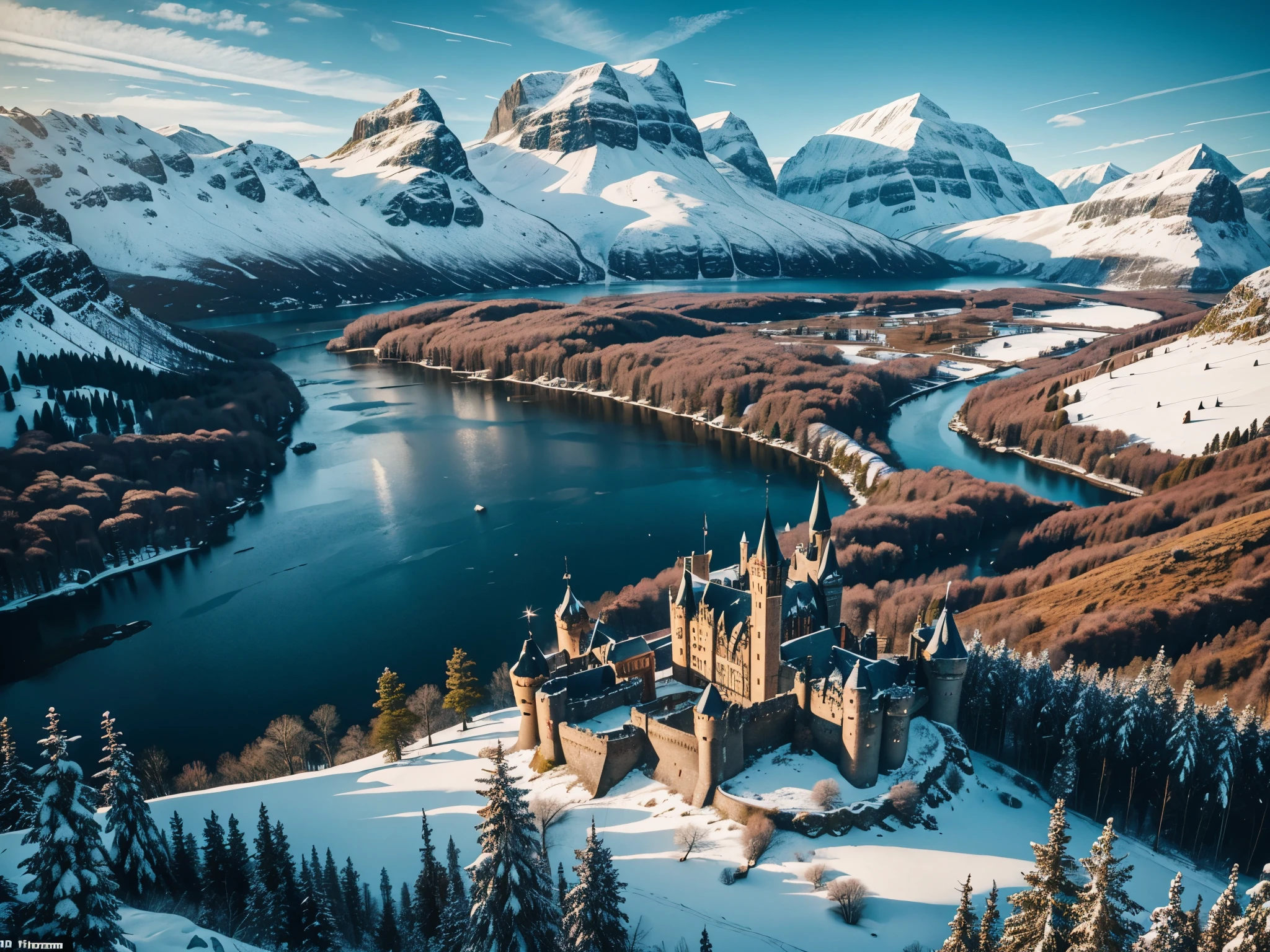 beautiful castle on a mountain overlooking the valley the lake and the river, in the middle of a snowy mountain range, fairy tale place, drone photography, in scotland