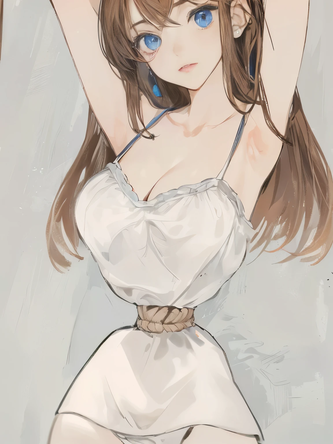 ((masterpiece)), ((best quality)), (ultra-detailed), torture room,(((rope strongly bound waist))),a cute girl, 1girl, solo,camisole,beautiful brown hair, (beautiful blue eyes), long hair, expression of agony