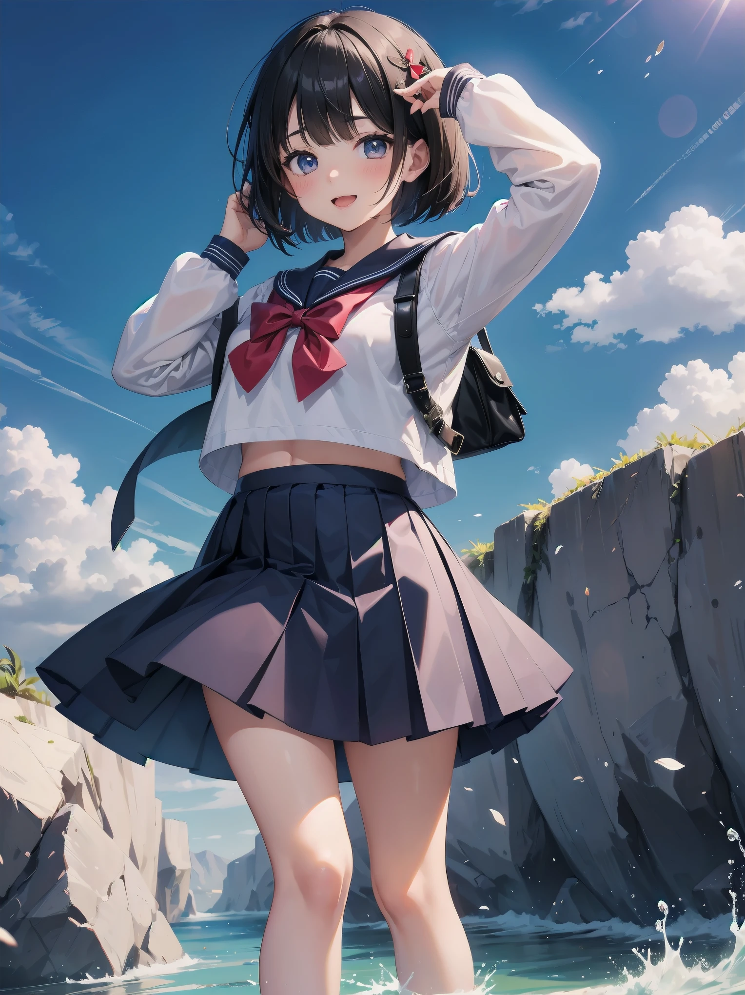 1girl,kawaii,cute,face,white long-sleeved sailor uniform,pleated skirt,long skirt,dark blue skirt,red bow on the front,black hair,bob cut,laugh out loud