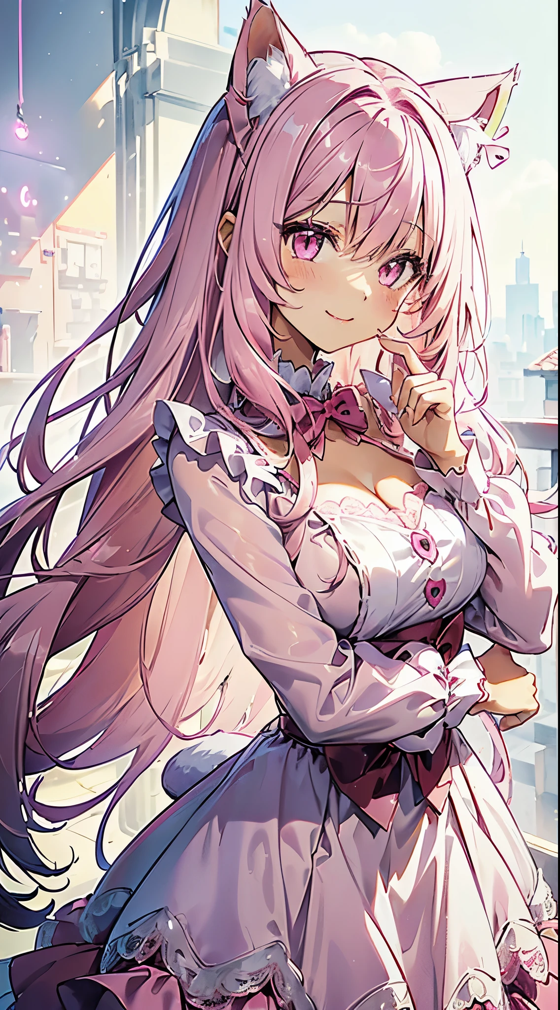 Smooth touch,((A cat girl)), (light pink fluffy cat ears and tail), (long pink waving hair), (pink white and red gorgeous lace dress), long sleeve, ((shiny detailed pink eyes)), cute detailed face, smiling