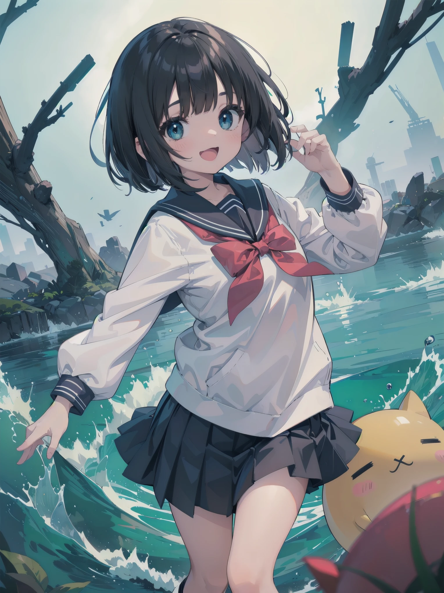 1girl,kawaii,cute,face,white long-sleeved sailor uniform,pleated skirt,long skirt,dark blue skirt,red bow on the front,black hair,bob cut,laugh out loud