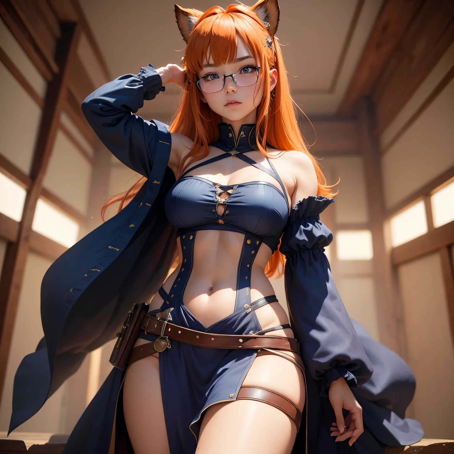 8k, masterpiece, best quality, realistic, higly detailed, cowboy shot, 1girl, solo, Itsuki Nakano, serious looking girl, medium-length hair, expressive ahoge, reddish-orange hair colour, a pair of star-shaped hairpins near both of her eyes, dark blue eyes, average height, well-endowed figure, wears glasses, cute, Barbarian