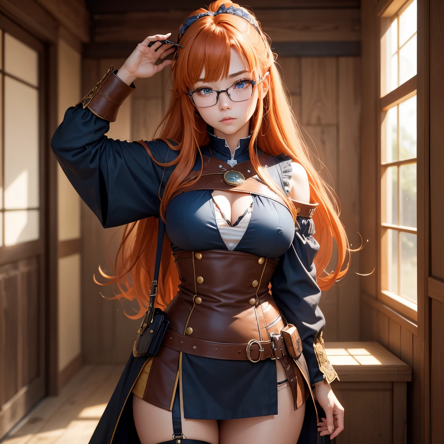 8k, masterpiece, best quality, realistic, higly detailed, cowboy shot, 1girl, solo, Itsuki Nakano, serious looking girl, medium-length hair, expressive ahoge, reddish-orange hair colour, a pair of star-shaped hairpins near both of her eyes, dark blue eyes, average height, well-endowed figure, wears glasses, cute, Sorcerer