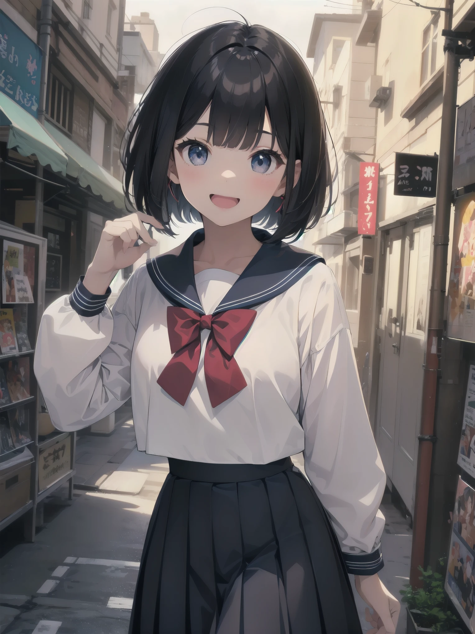 1girl,kawaii,cute,face,white long-sleeved sailor uniform,pleated skirt,long skirt,dark blue skirt,red bow on the front,black hair,bob cut,laugh out loud