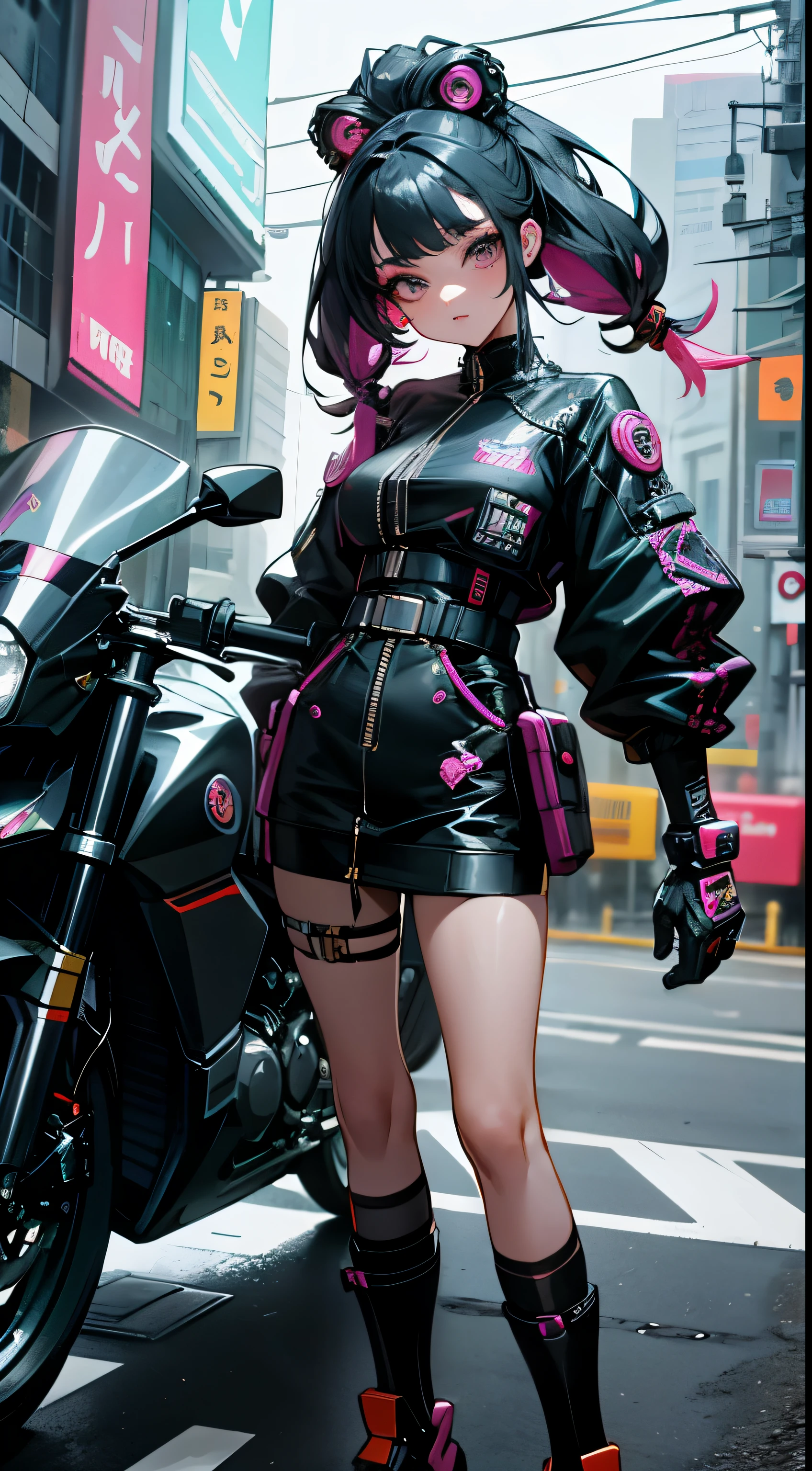 masterpiece, highest quality, 1 cyberpunk girl, full body shot, stand in front of the bike, looking at the viewer, Confident cyberpunk girl with a cheeky look, Harajuku-style pop costumes, bold colors and patterns, attractive accessories, modern hairstyles and innovation, bright makeup, Stunning cyberpunk cityscape, Skyscraper, neon sign, LED light, bright and vibrant colors, anime, shape, Fine skin texture, fine fabric texture, beautiful and detailed face, intricate details, Super detailed.