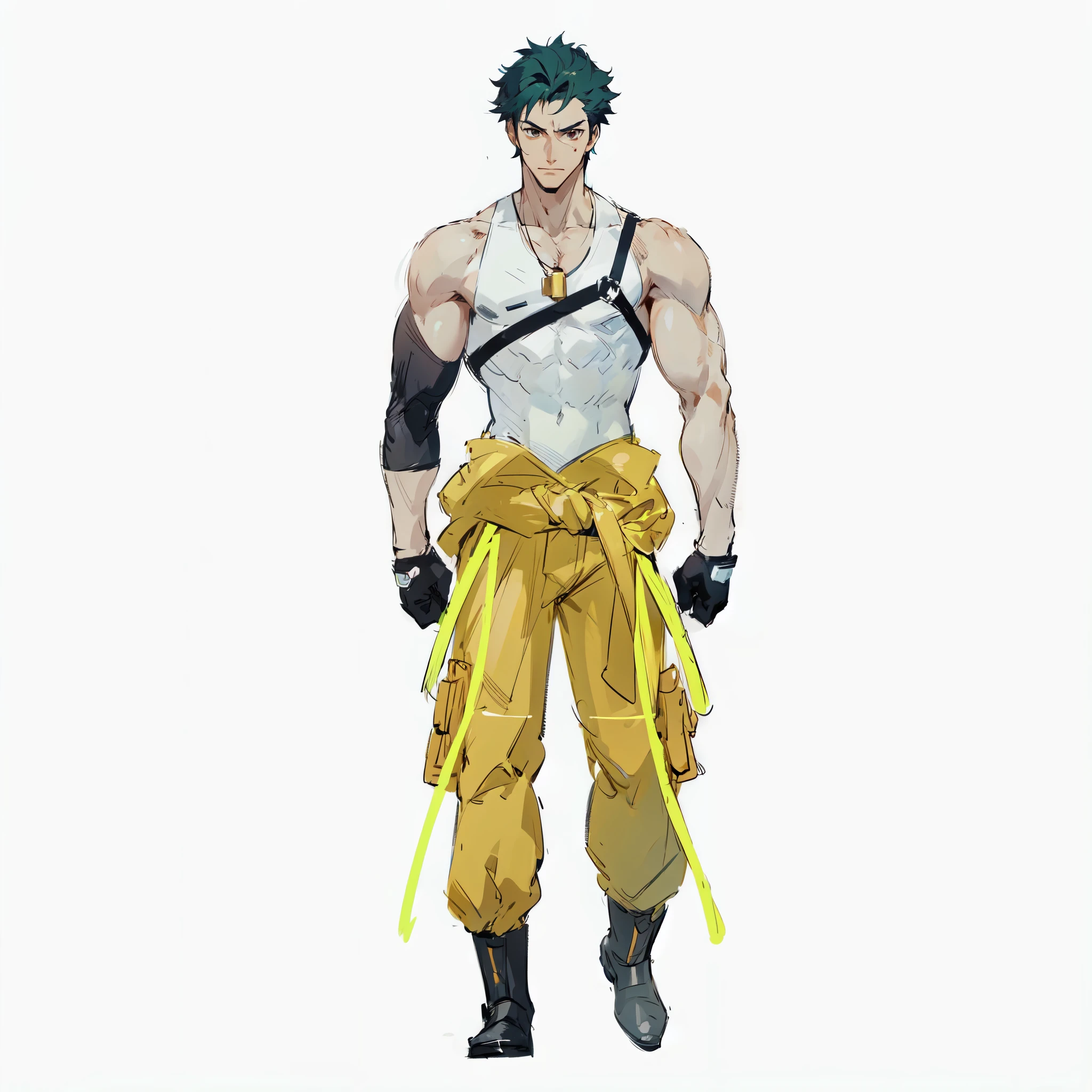 anime very muscular man with a black sleeveless t-shirt, orange mechanic pants with industrial high visibility stripes, blue collar worker, dark green hair, black shirt, brown eyes, soldier necklace, anime cyberpunk character, black gloves, boots, male anime character, anime character sheet, character concept, full body concept, walking, single character full body, male protagonist 👀 :8, anime style character, anime character, fighting game character, fighting game character, guilty gear style,