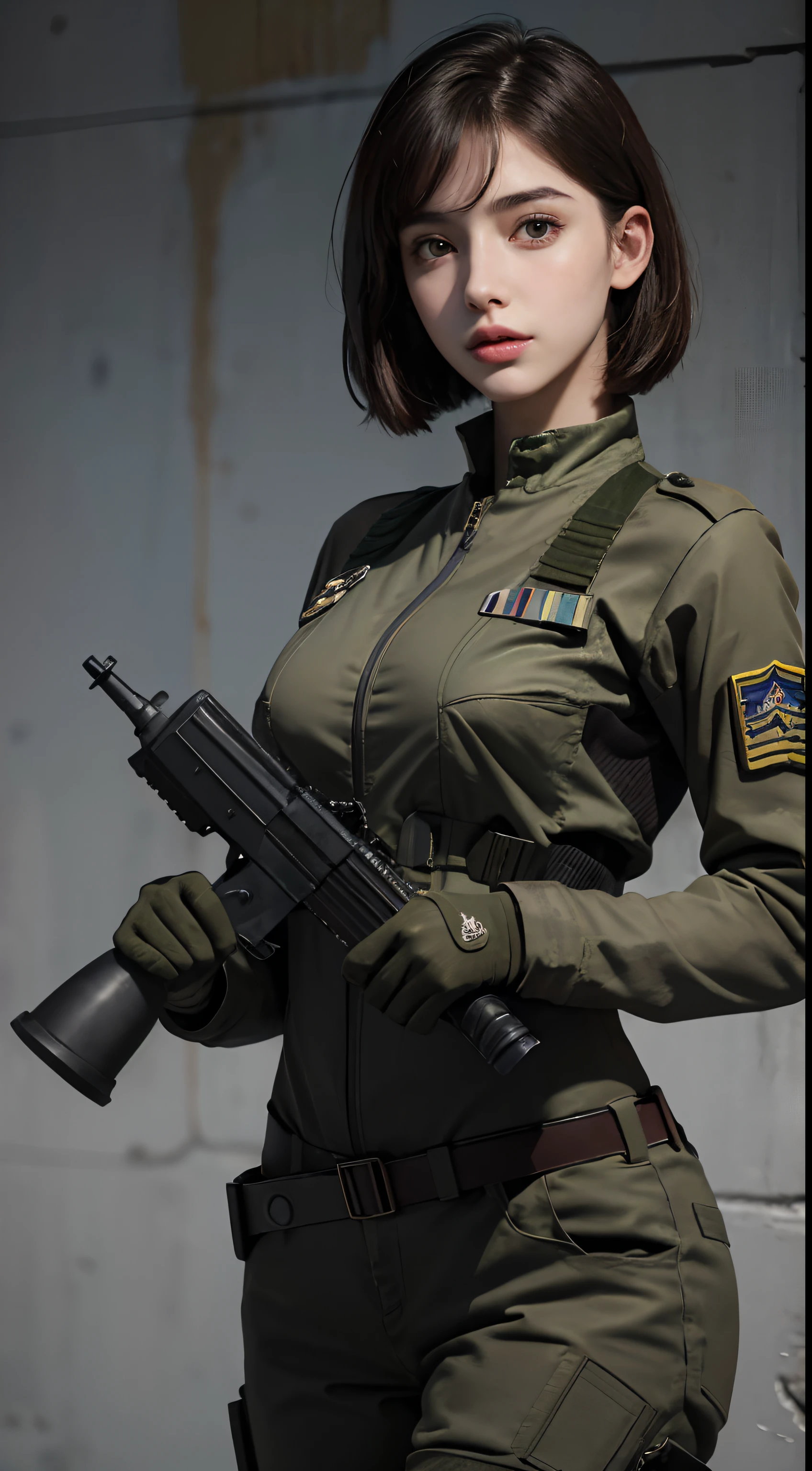 8K, RAW photos, Best quality, Masterpiece: 1.2),(best qualtiy，8K, Yes，32K，masterpiece，hyper HD：1.2) , 20 years old, araffe in a military uniform posing for a picture, wearing military outfit, military girl, clothed in sci-fi military armor, clothed in military armor, soldier girl, wearing dirty ripped flight suit, beautiful female soldier, amouranth, better known as amouranth, mechanized soldier girl, wearing military uniform, military outfit, skinny body, short hair, bangs, asian girl