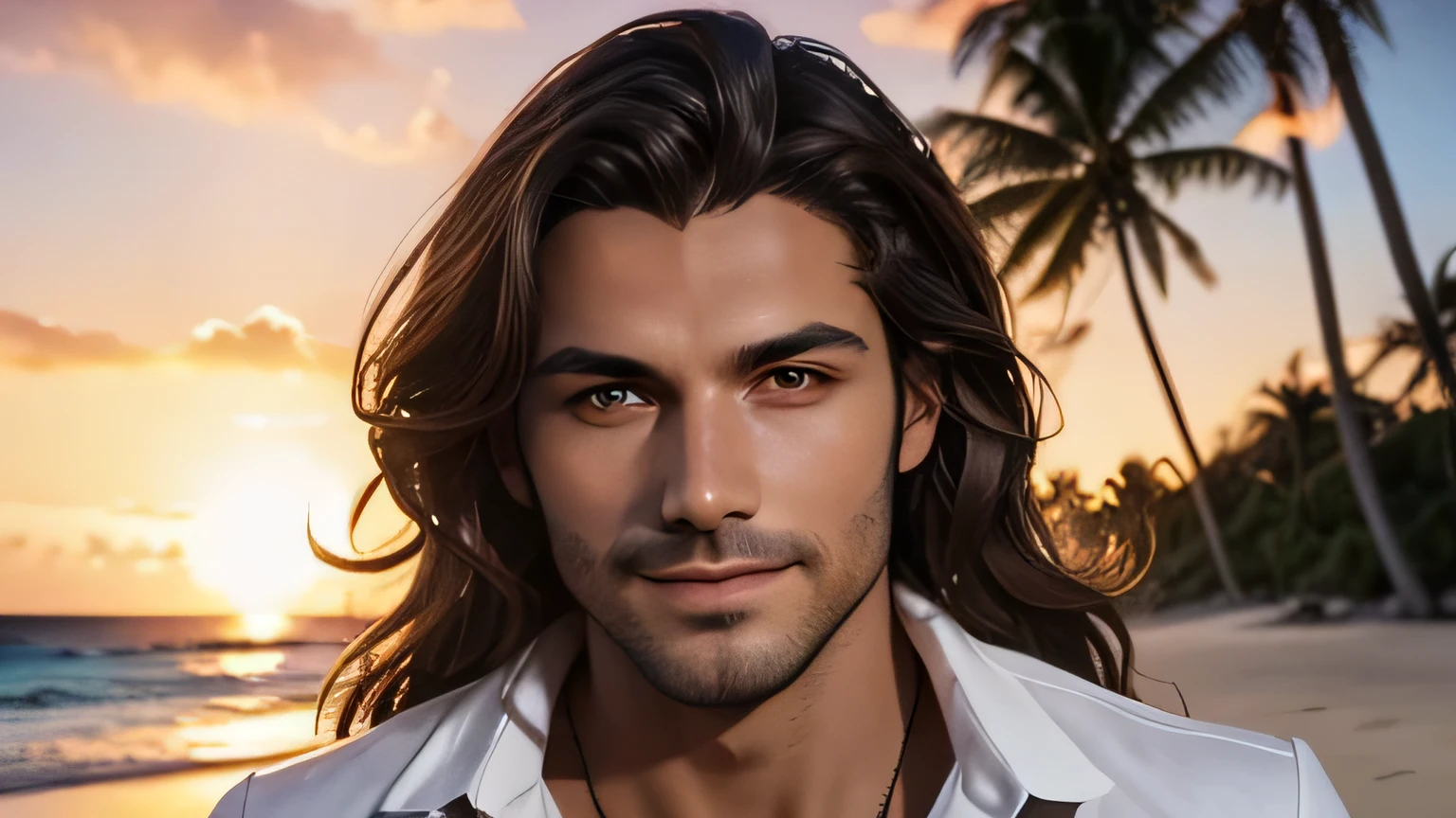 Full body photograph of a stunning European man., Usando una camisa abierta, long brown hair, standing alone on a Caribbean beach, sonriente, symmetrical eyes, symmetrical face, fotorrealista, imperfecciones faciales, rastreo de camino, sunset lighting, volumetric face light, cabello trazado, sombras visibles, intrincado, elaborar, hyper realistic