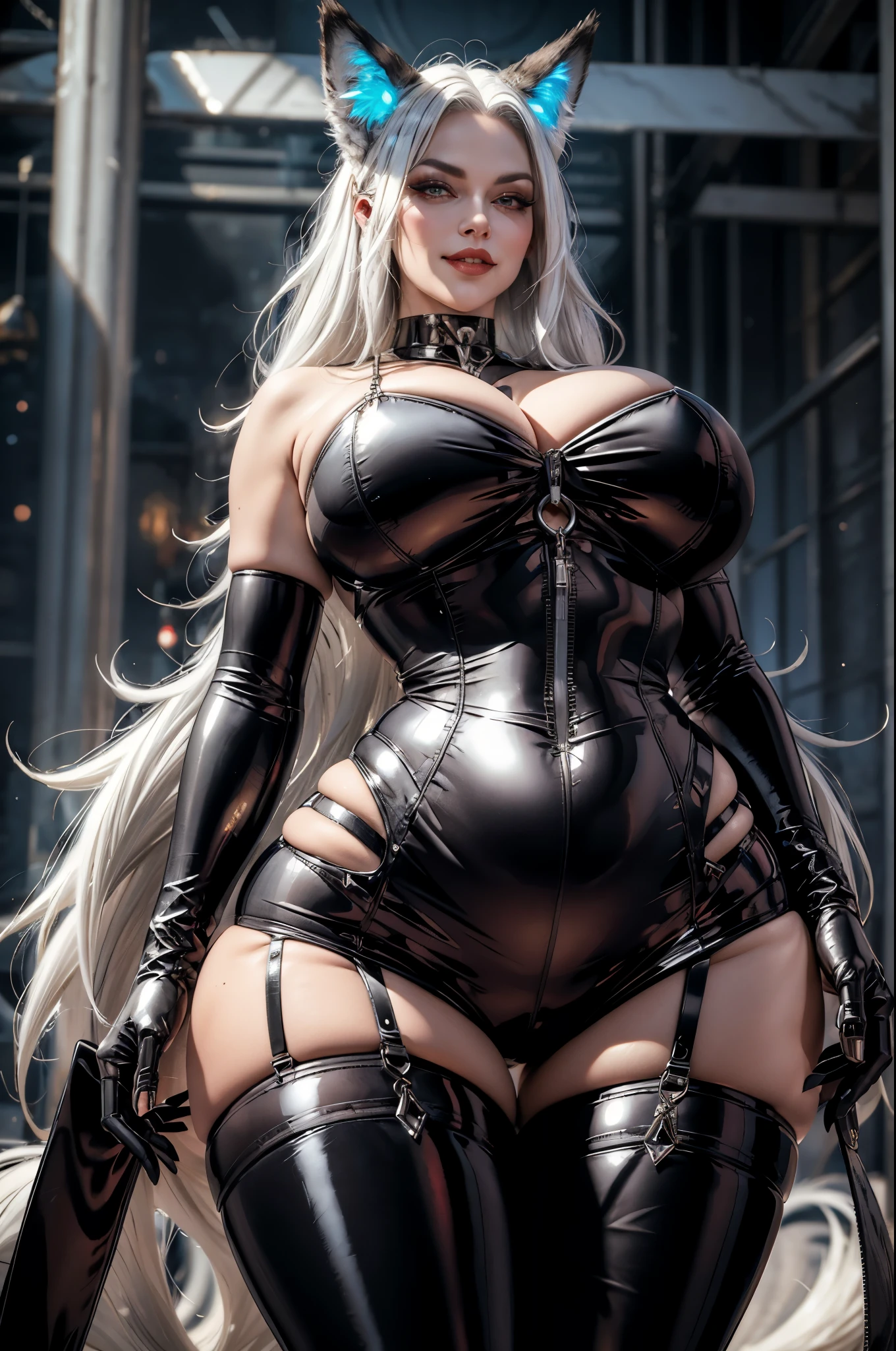 (best quality, ultra-detailed, masterpiece:1.2), woman, wolf ears, wolf tail, dominant, old woman, white hair, shiny latex clothes, revealing clothes, thick thighs, wide hips, latex thigh highs, plump body, Dominatrix, evil smirk, sadistic, big breasts, mommy, milf, fat,