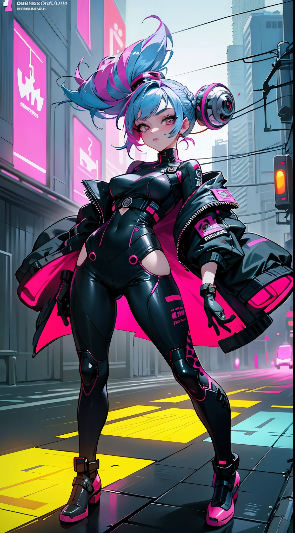 masterpiece, highest quality, 1 cyberpunk girl, full body shot, Standing in front of a motorcycle, looking at the viewer, Confident cyberpunk girl with a cheeky expression, Harajuku-style pop costumes, bold colors and patterns, attractive accessories, modern hairstyles and innovation, bright makeup, Stunning cyberpunk cityscape, skyscraper, neon sign, LED light, bright and vivid colors, anime, figure, fine skin texture, fine fabric texture, beautiful and detailed face, intricate details, super detailed.