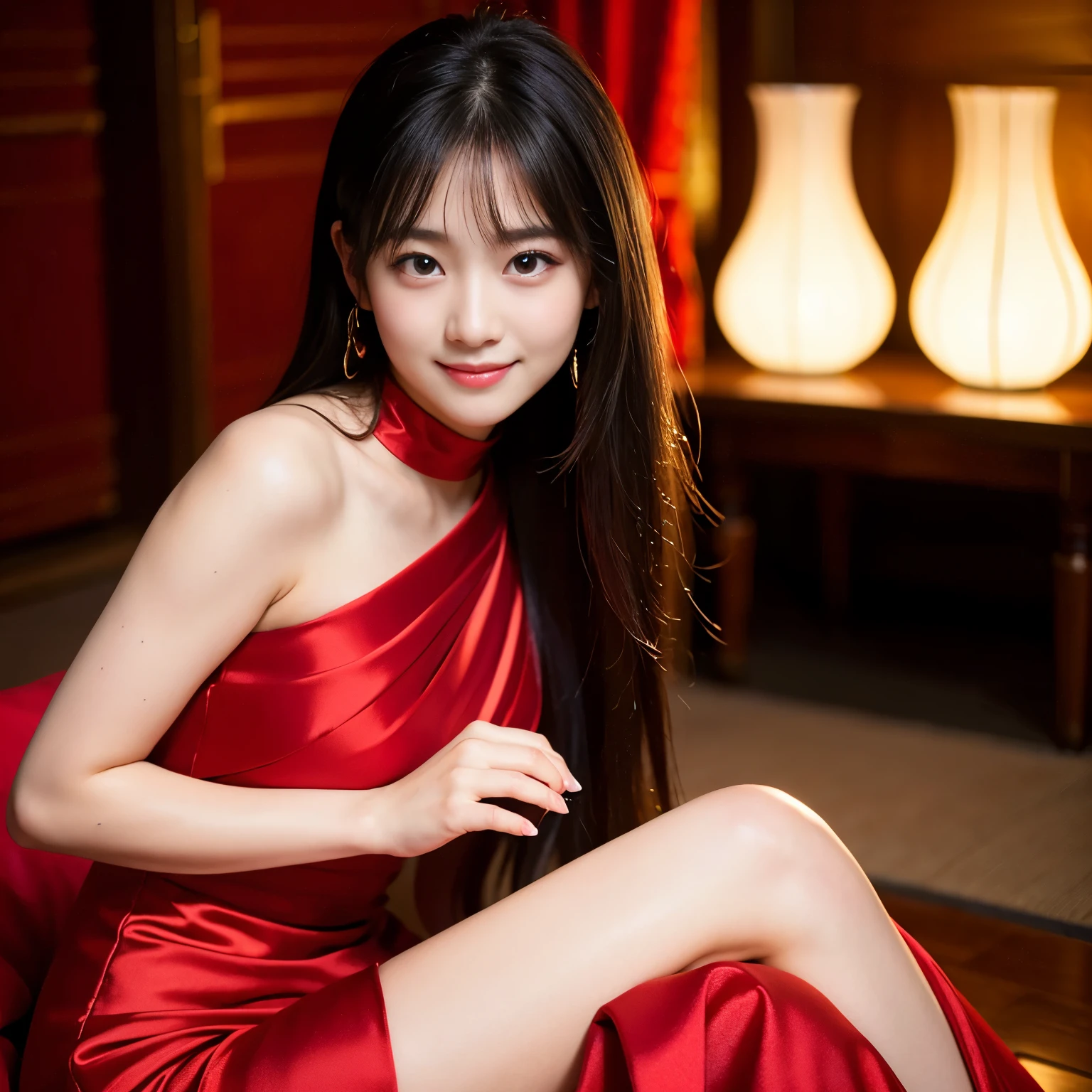 Best-quality, Masterpiece, Ultra-High-Resolution, (Photorealistic:1.4), Raw-Photo, 1girl, the most famous Japanese idol, -yeld, fafocus, grinning, looking at viewer, (wearing red gorgeous evening-dress with luxurious-design), (extremely cute face like the most popular Japanese idol), (extremely beautiful hair), (((extremely beautiful big-black-eyes))), extremely beautiful skins, extremely beautiful long-eyelashes, extremely beautiful lips, detailed red--gorgeous-evening-dress-with-luxurious-design
