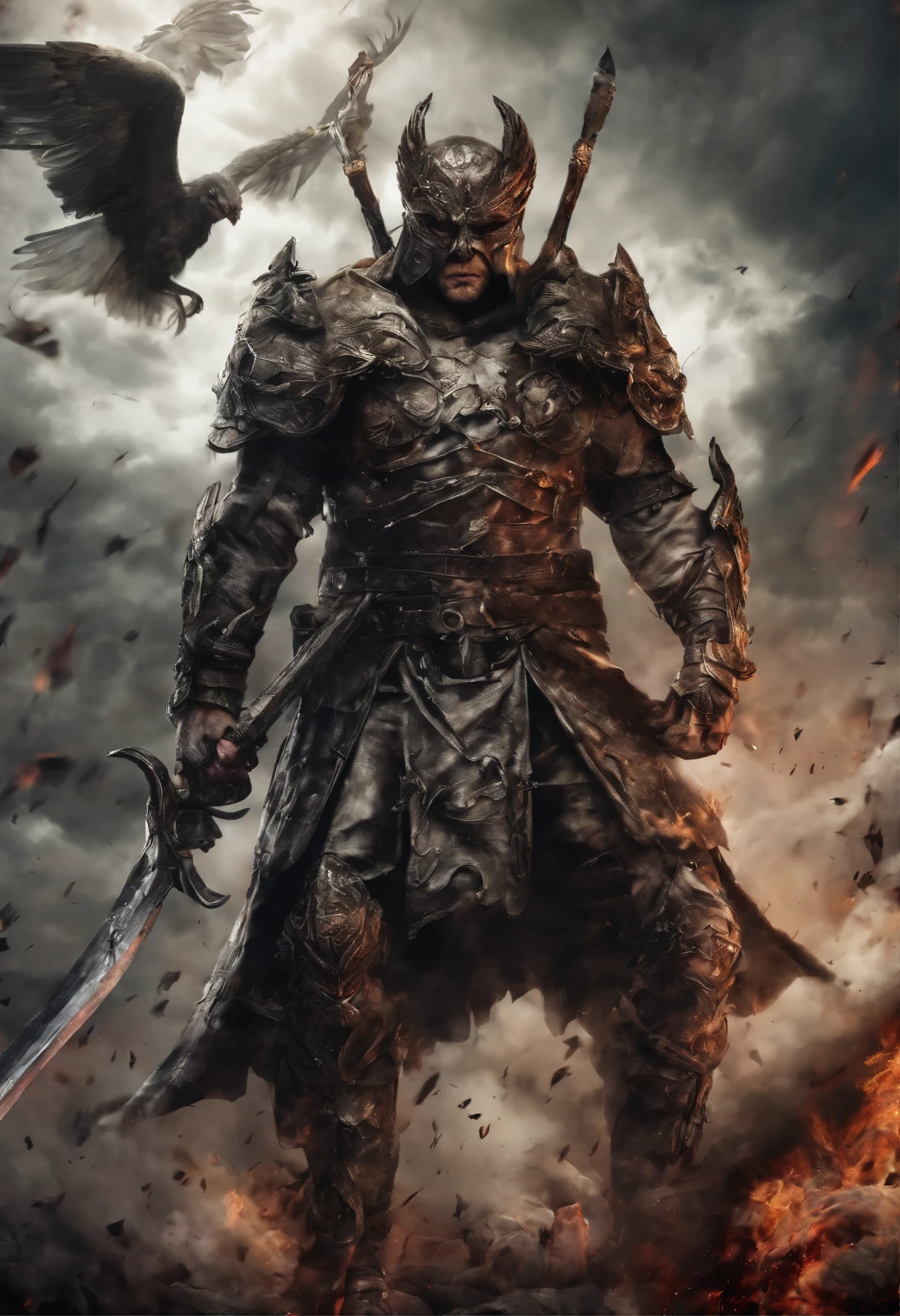 Furious angels warriors, fighting and bleeding and flying. Gothic desing, dramatic light.