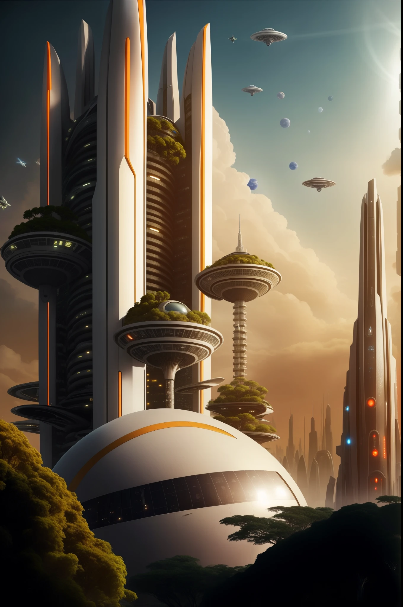 cidade futurista with futuristic buildings and flying saucers in the sky, Utopia futurista, in the city of fantasy and science fiction, science fiction fantasy wallpaper, science fiction city, Utopia futuristan fantasy, solarpunk Utopia futurista, Utopia futuristan metropolis, planetary city, Utopia futuristan city, futuristic sci-fi, science fiction city, cidade futurista, enorme cidade-templo futurista