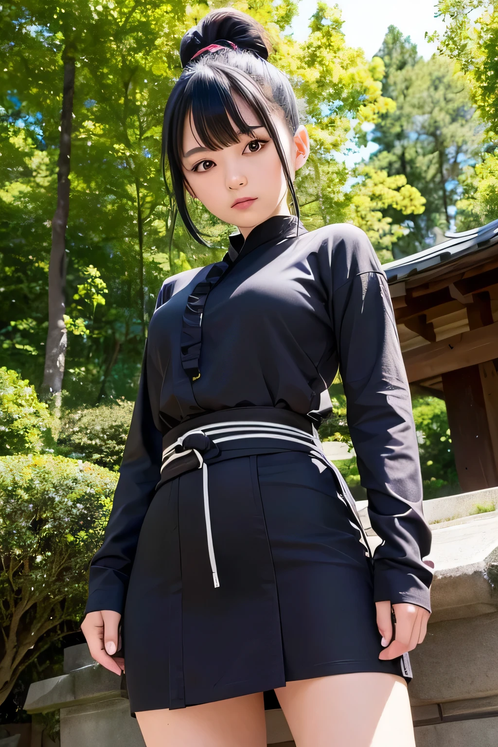 kunoichi、Beautiful Female Ninja、Black Hair Upstyle、((whole body))、(((photo taken from below)))、night forest