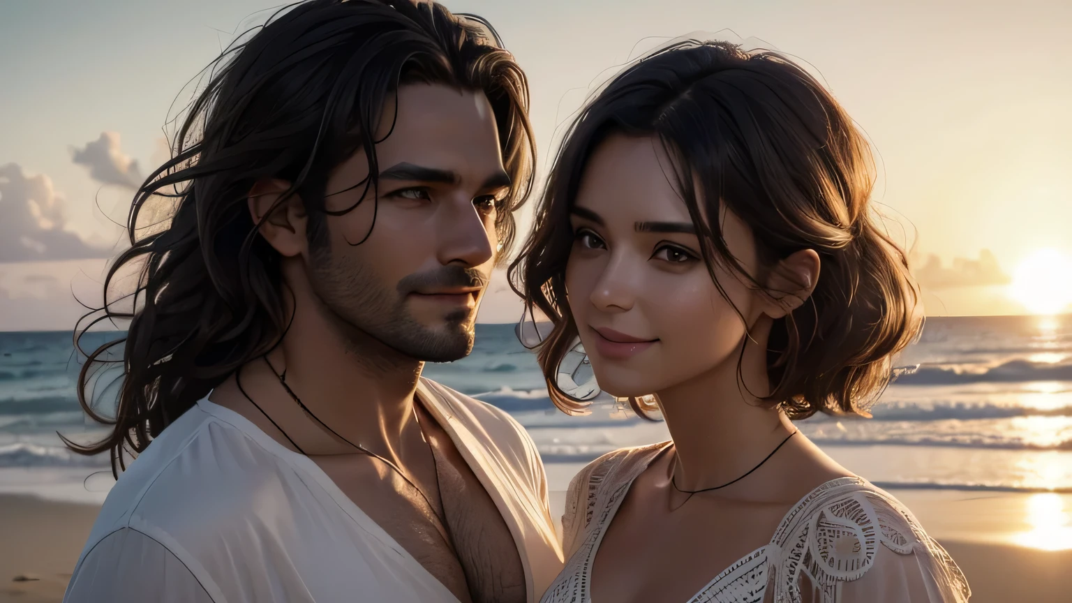 Photograph of a man and woman standing on a Caribbean beach., Sonriendo el uno al otro. ella es una chica impresionante que lleva un top escotado (((busto muy pesado))) con cabello ondulado. He is a European man wearing an open shirt and short brown hair... symmetrical eyes, symmetrical face, fotorrealista, imperfecciones faciales, rastreo de camino, sunset lighting, volumetric face light, cabello trazado, sombras visibles, intrincado, elaborar, hyper realistic
