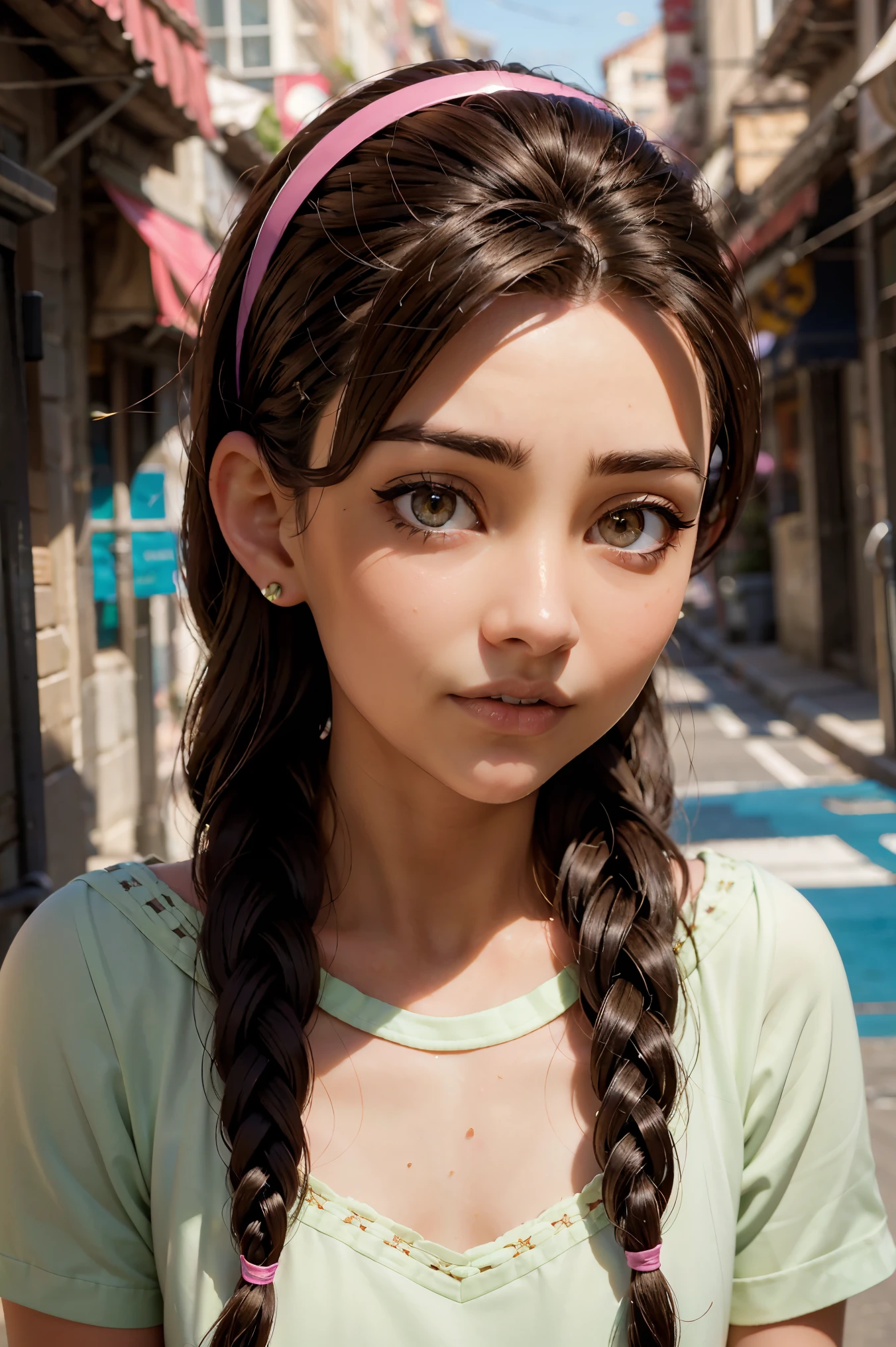 An impressive and intricate full color portrait, Ultra-HD a 13 year old girl, brown hair with 2 braids, brown eyes, pink headband, detailed face, dressed in a light green t-shirt with embroidery on the neck, no logos, epic character composition, alessio albi, nina masic, sharp focus, natural lighting, subsurface dispersion, f2, 35mm,,}