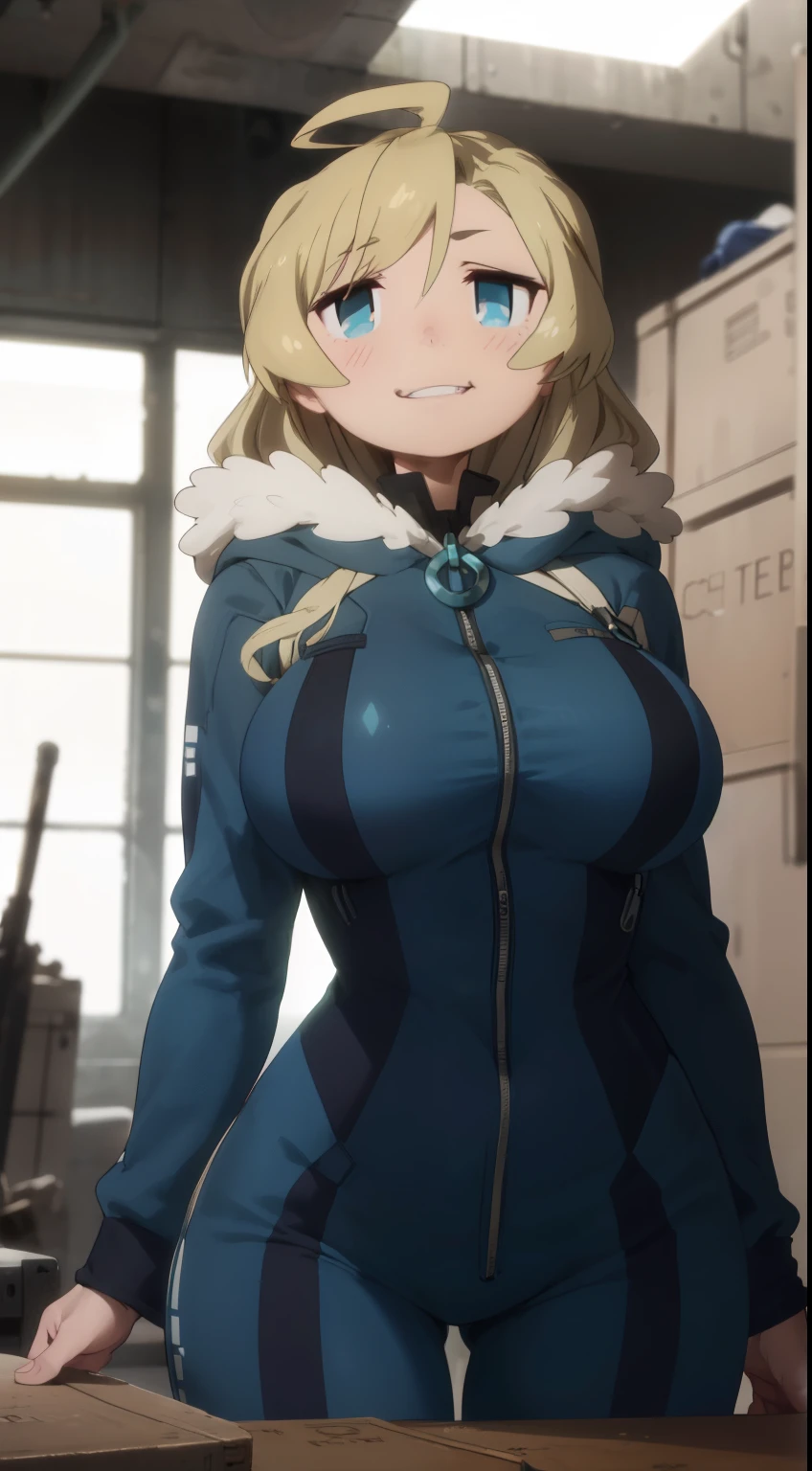 masterpiece, highest quality, best quality, official art, beautiful and aesthetic: 1.2), (1girl), extremely detailed, (fractal art: 1.3), colorful, highest detailed, perfect face, upper body, HDR, (prayer: 1.3), (dynamic stripes, luminous traces: 1.2), bright colors, yuuri, garage, mechanic, standing, breast focus, breasts, large breasts, bare breasts, naked, nude, boob window, sexy, wide hips, thicc figure, Detailed blue eyes, Detailed face, Detailed eyes, perfect face, perfect eyes, wearing blue jumpsuit, jumpsuit, blue jumpsuit, breast window, naked breasts, smug, smug grin, smug expression, fangs