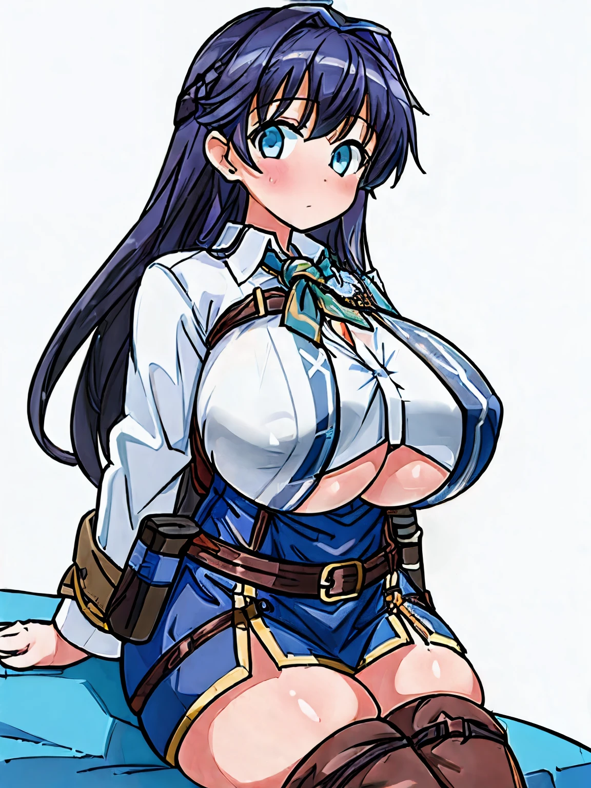 (girl), (huge tits:1.2), (adventurer outfit:1.5), (white background), (sliding out of shirt:1.2)