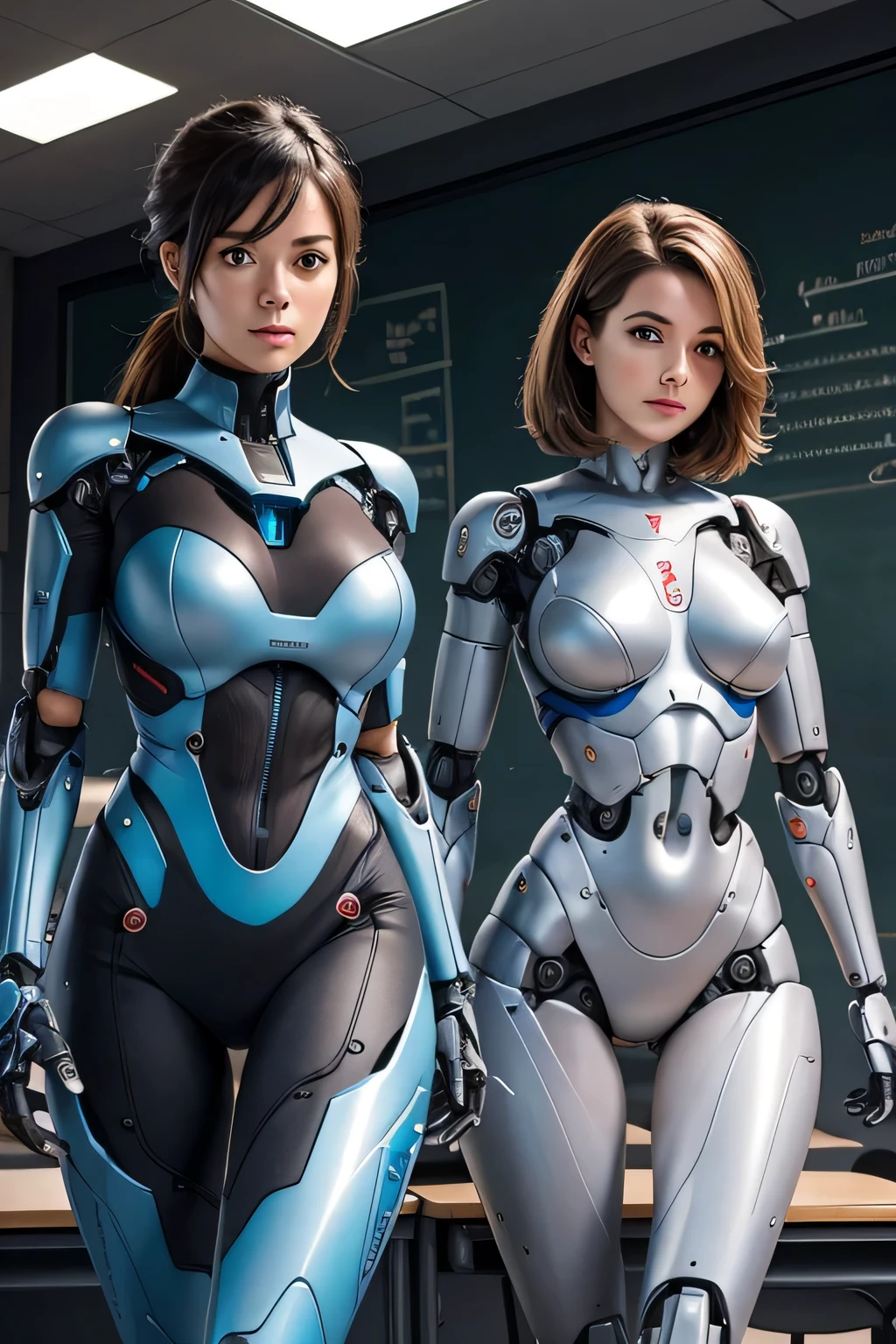 Two female teachers who became robots anatomically correct almost the same aircraft mechanical limbs The background is a classroom
