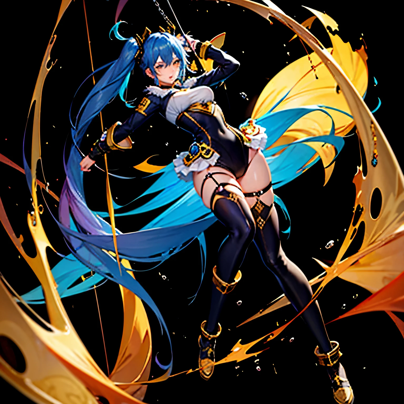 1girl, solo, siren_(AL), rigging, tentacles, blue hair, yellow eyes, shackles, best quality, highest resolution, ultra detailed outfit