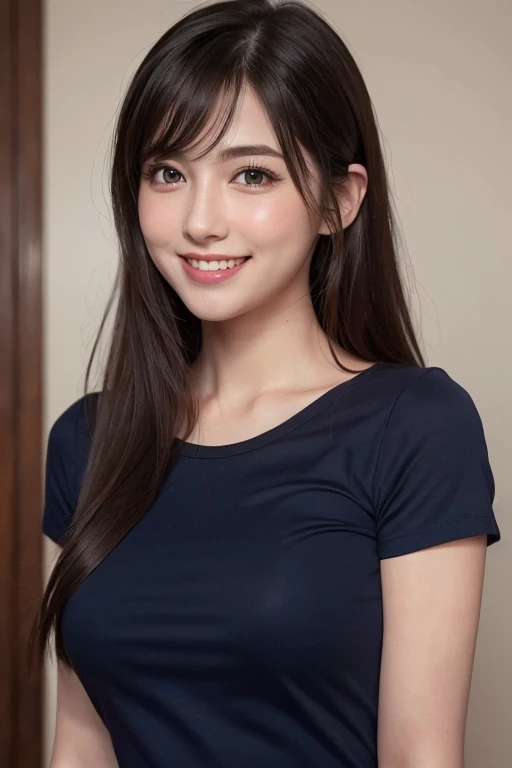 Pubic hair,, Navy blue T-shirt、Full body, medium breasts,Beautiful detailed eyes, (Long hair:1.2), (8K, Best Quality, masutepiece:1.2), (Realistic, Photorealsitic:1.37), Ultra-detailed, 1 girl, Cute, Solo, (nose blush),(Smile:1.15),(Closed mouth)
