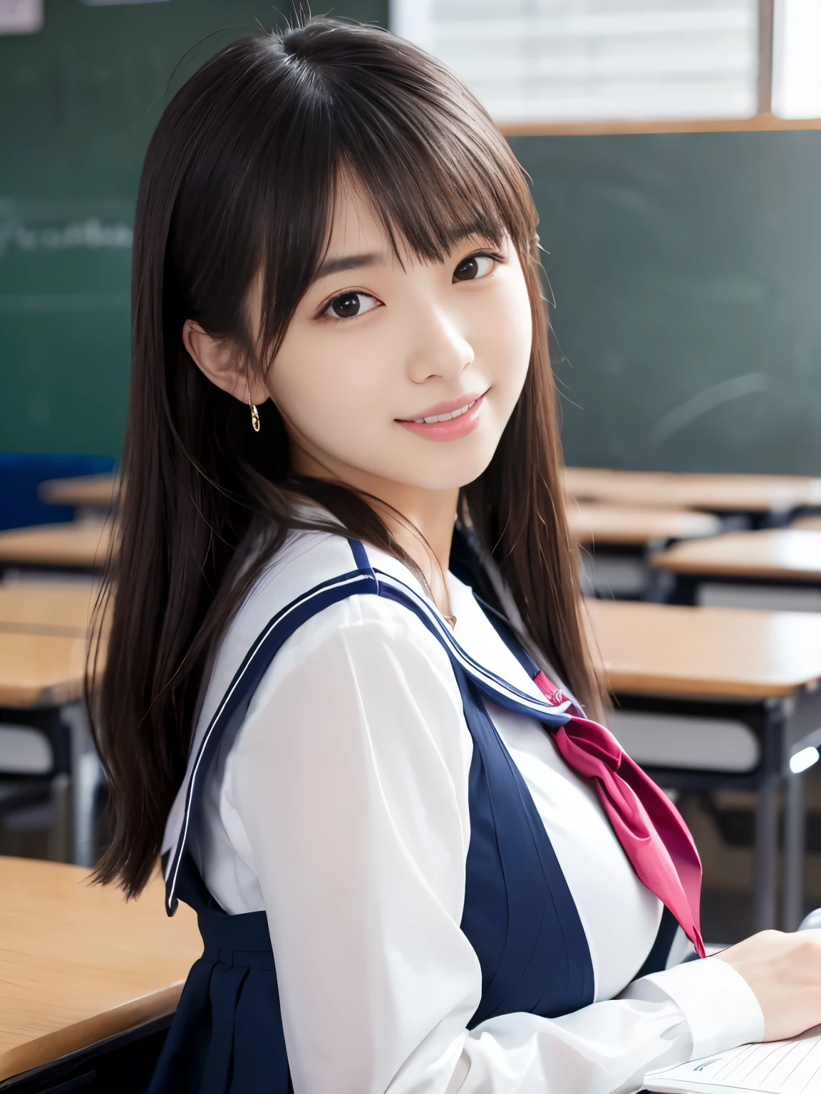 超最high quality, masterpiece, detailed and complex,  High resolution,  detailed and complicated, high quality,Japanese, real、smile, small face、 bangs, Mr.々hairstyle, Natural light, girl, 17 years old, whole body, many students in the background、high school,sailor suit、navy blue skirt, daytime, In the classroom, During class、she sits next to me、The desk is facing the blackboard.、Taken from the seat next to me、looking at me、Notebook and pencil case on the desk、 cute, beauty, big breasts、